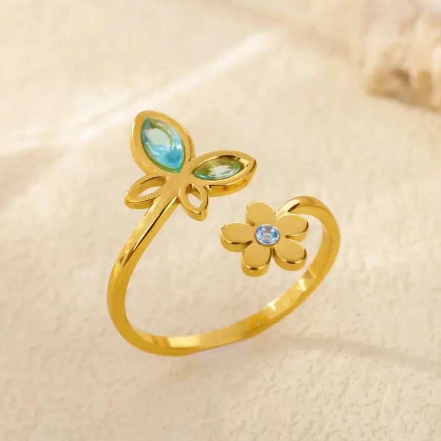 Elegant Zircon Flower Butterfly Rings For Women Gold Color Stainless Steel Flower Adjustable Ring Wedding Christmas Jewelry Gift