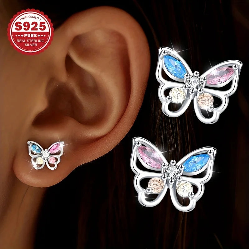 1 pair of high-end luxury earrings, pure silver colored zirconium butterfly earrings, dancing earrings, suitable for daily and m