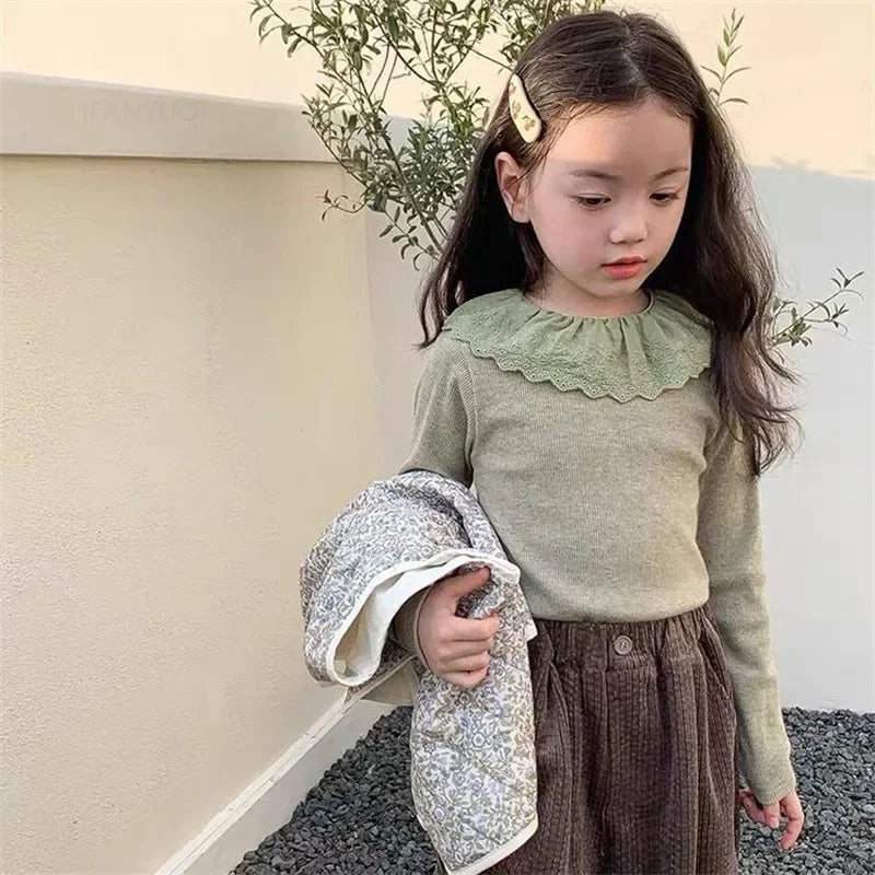 1-12Years Long Sleeved Shirts Children's Spring Knitted Tops Baby's Lace 2025 Lace Base Shirt Korean Girls Ruffle Collar T-shirt