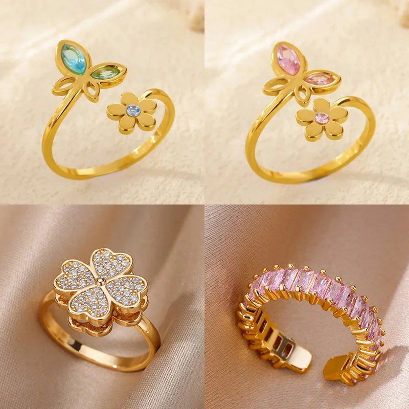 Elegant Zircon Flower Butterfly Rings For Women Gold Color Stainless Steel Flower Adjustable Ring Wedding Christmas Jewelry Gift