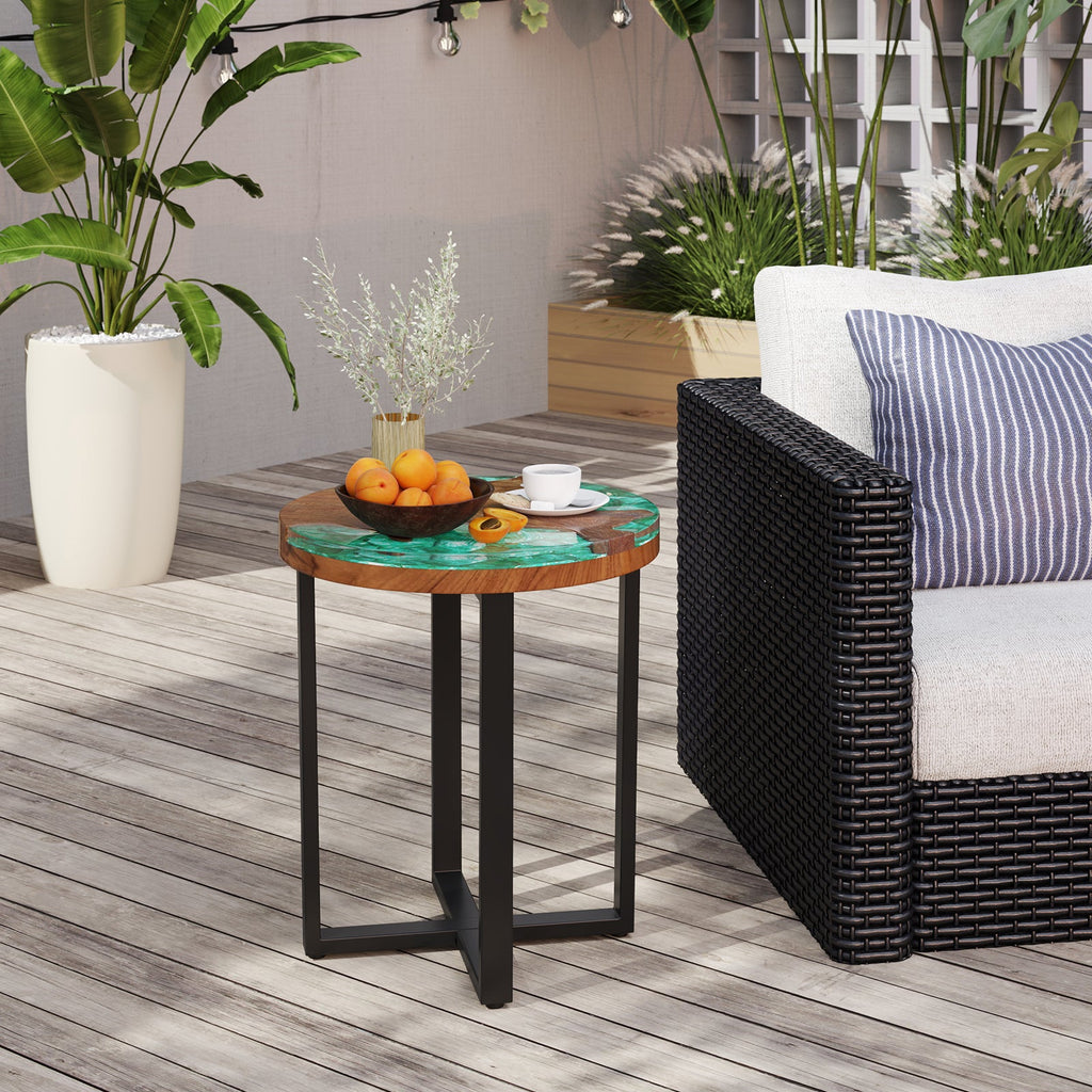 Solid Live Edge Round Teak Wood Outdoor End Table with Epoxy Resin Tabletop