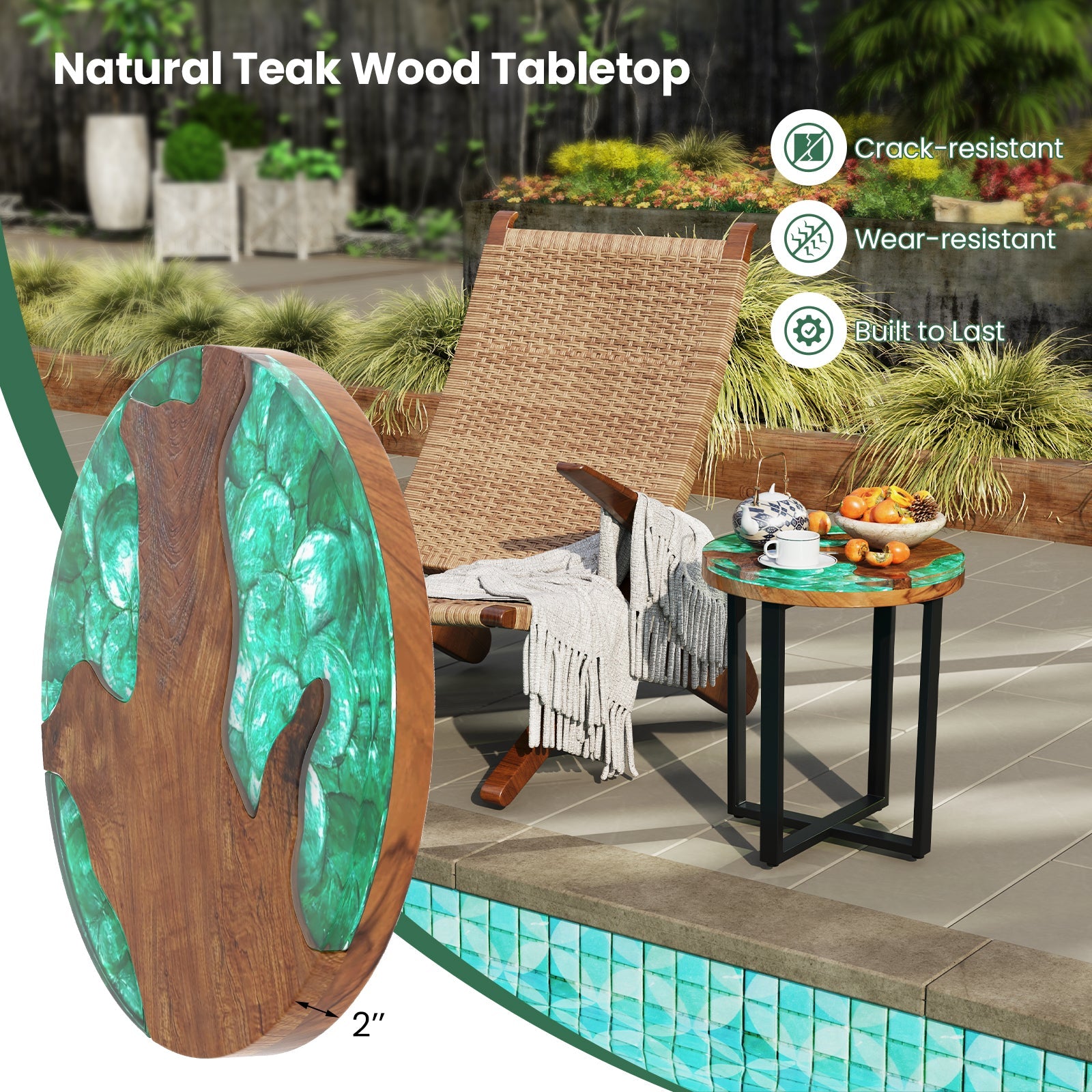 Solid Live Edge Round Teak Wood Outdoor End Table with Epoxy Resin Tabletop