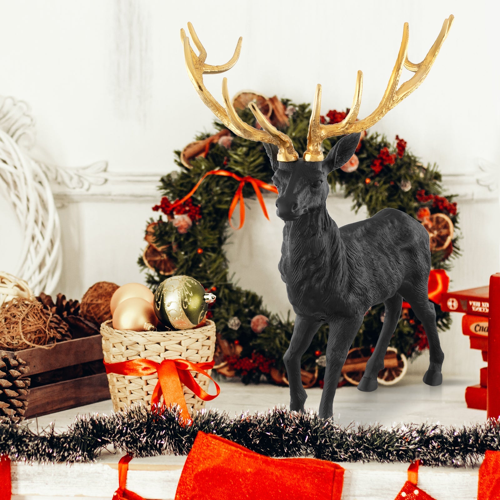 Standing Reindeer Statue Aluminum Deer Sculpture for Indoors Christmas Decor