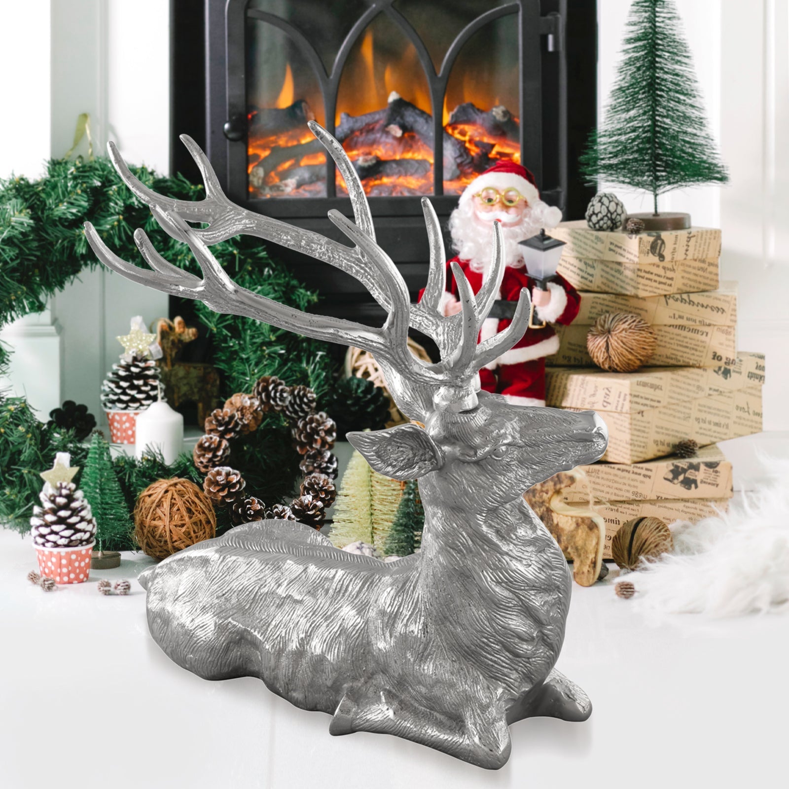 Standing Reindeer Statue Aluminum Deer Sculpture for Indoors Christmas Decor