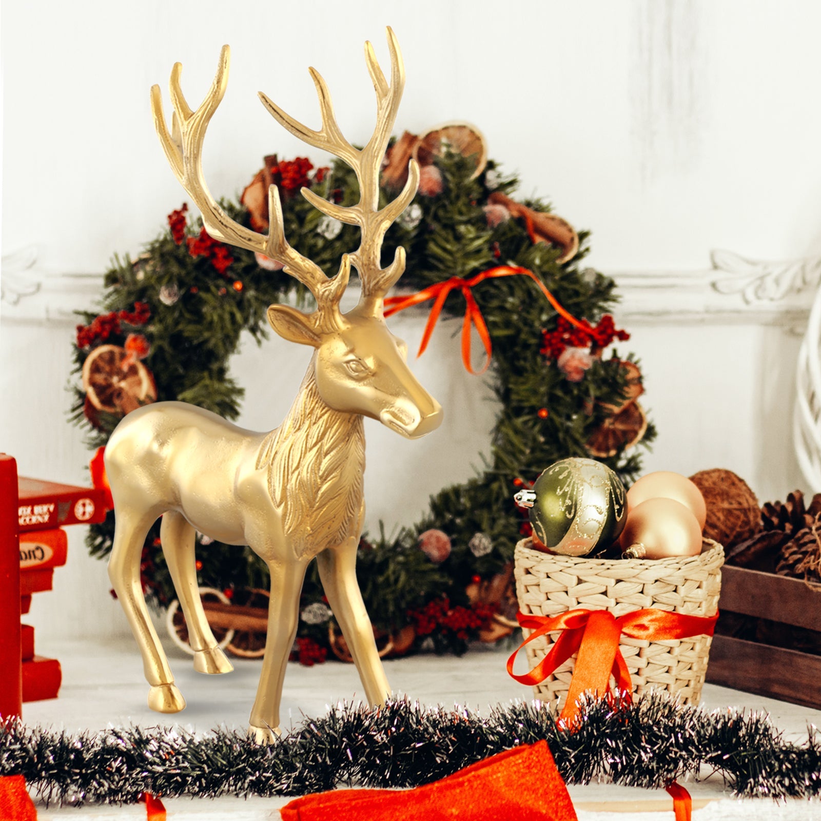 Standing Reindeer Statue Aluminum Deer Sculpture for Indoors Christmas Decor