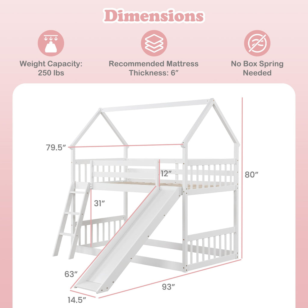 Twin Over Twin House Bunk Bed with Slide and Ladder-White