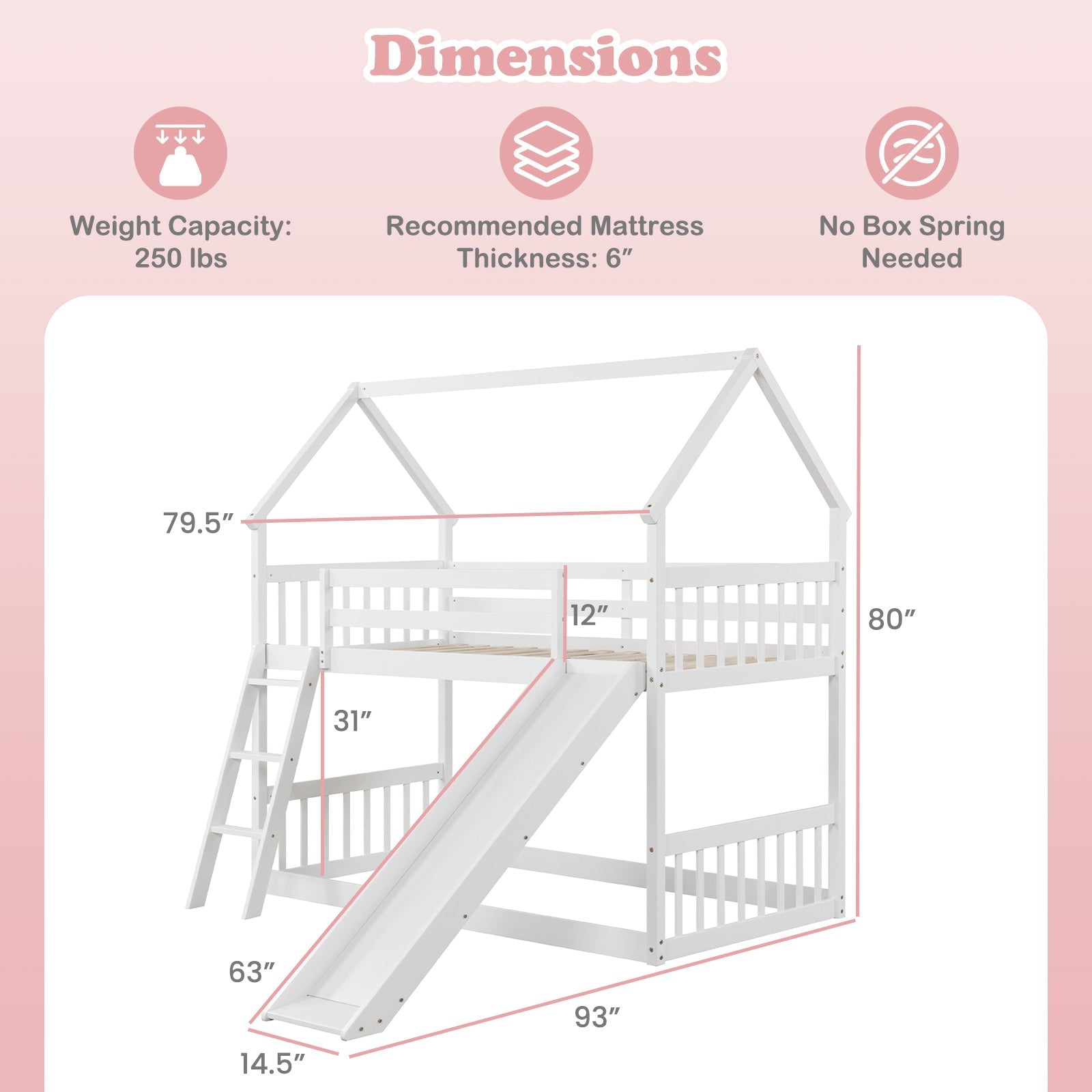 Twin Over Twin House Bunk Bed with Slide and Ladder-White