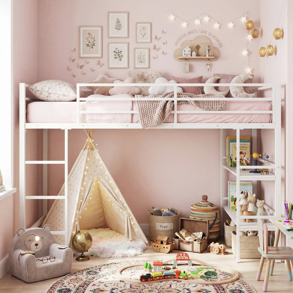 Twin Low Loft Bed with Storage Shelves and Ladder - White
