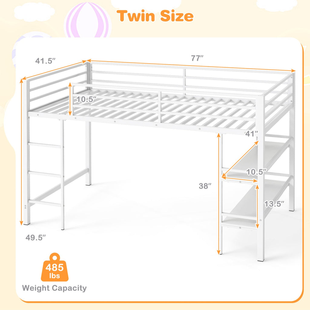 Twin Low Loft Bed with Storage Shelves and Ladder - White