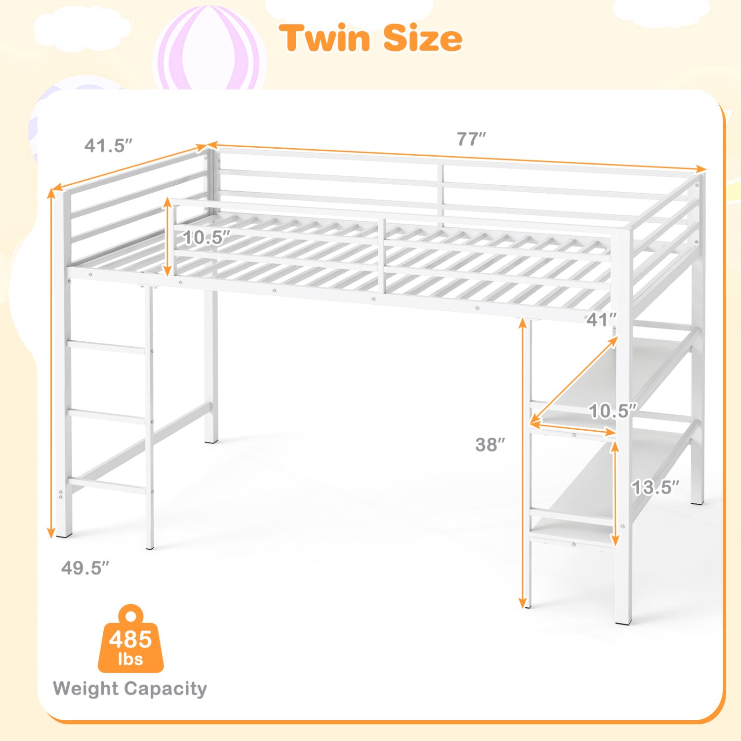 Twin Low Loft Bed with Storage Shelves and Ladder - White