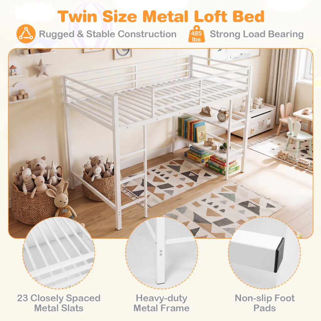 Twin Low Loft Bed with Storage Shelves and Ladder - White