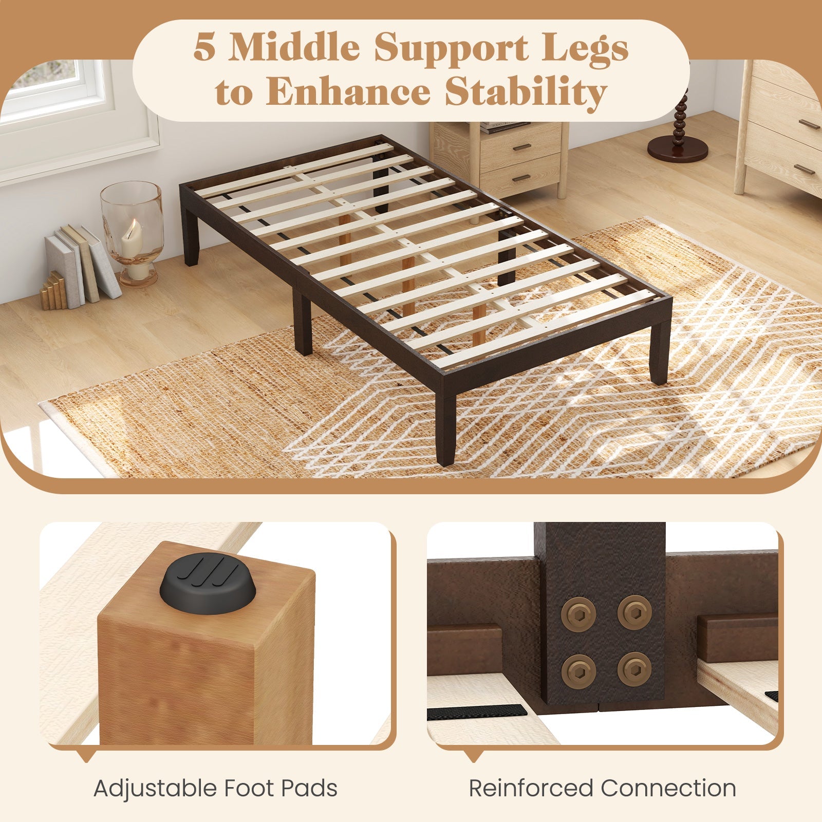 14 Inch Twin Wood Platform Bed Frame with Wooden Slats Support