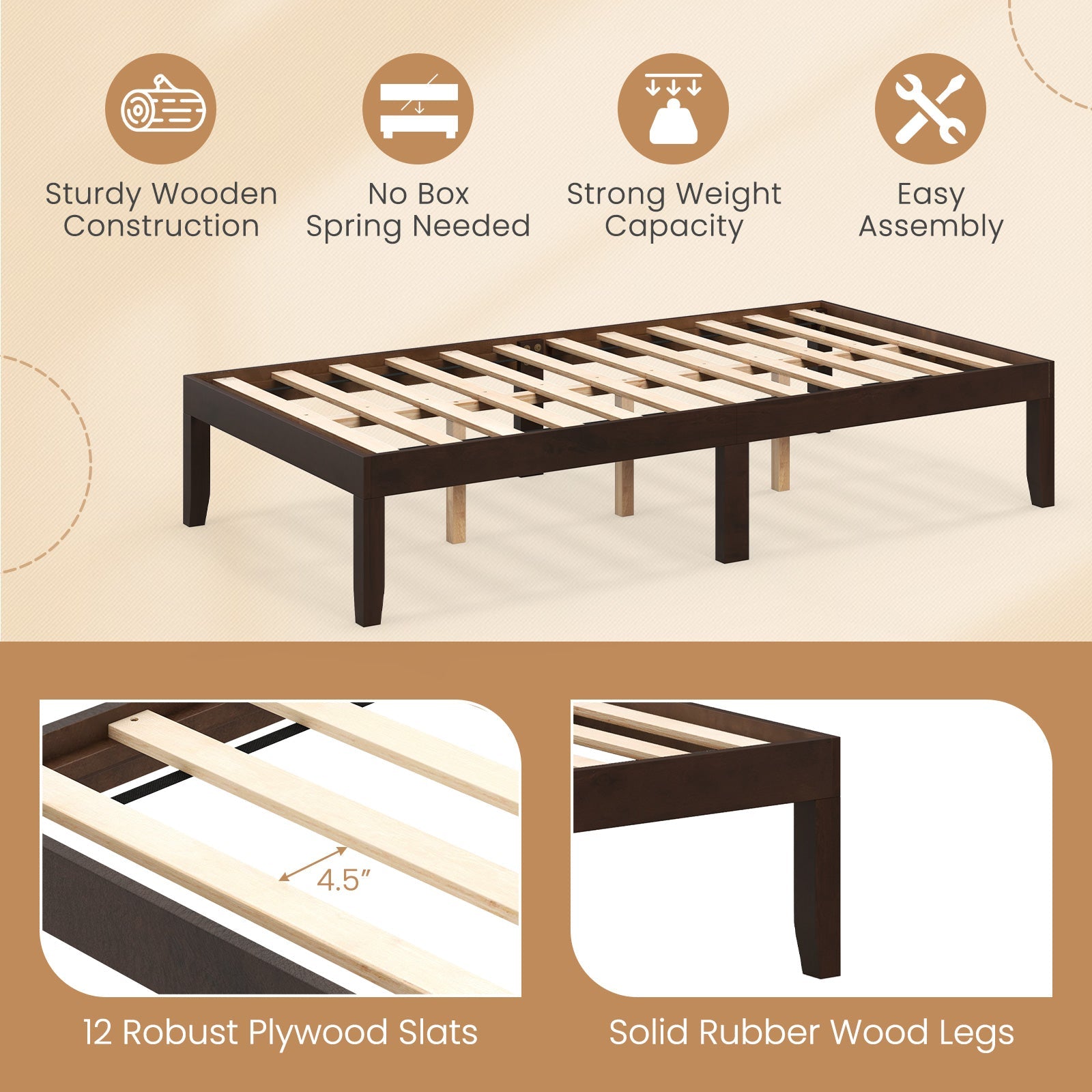 14 Inch Twin Wood Platform Bed Frame with Wooden Slats Support