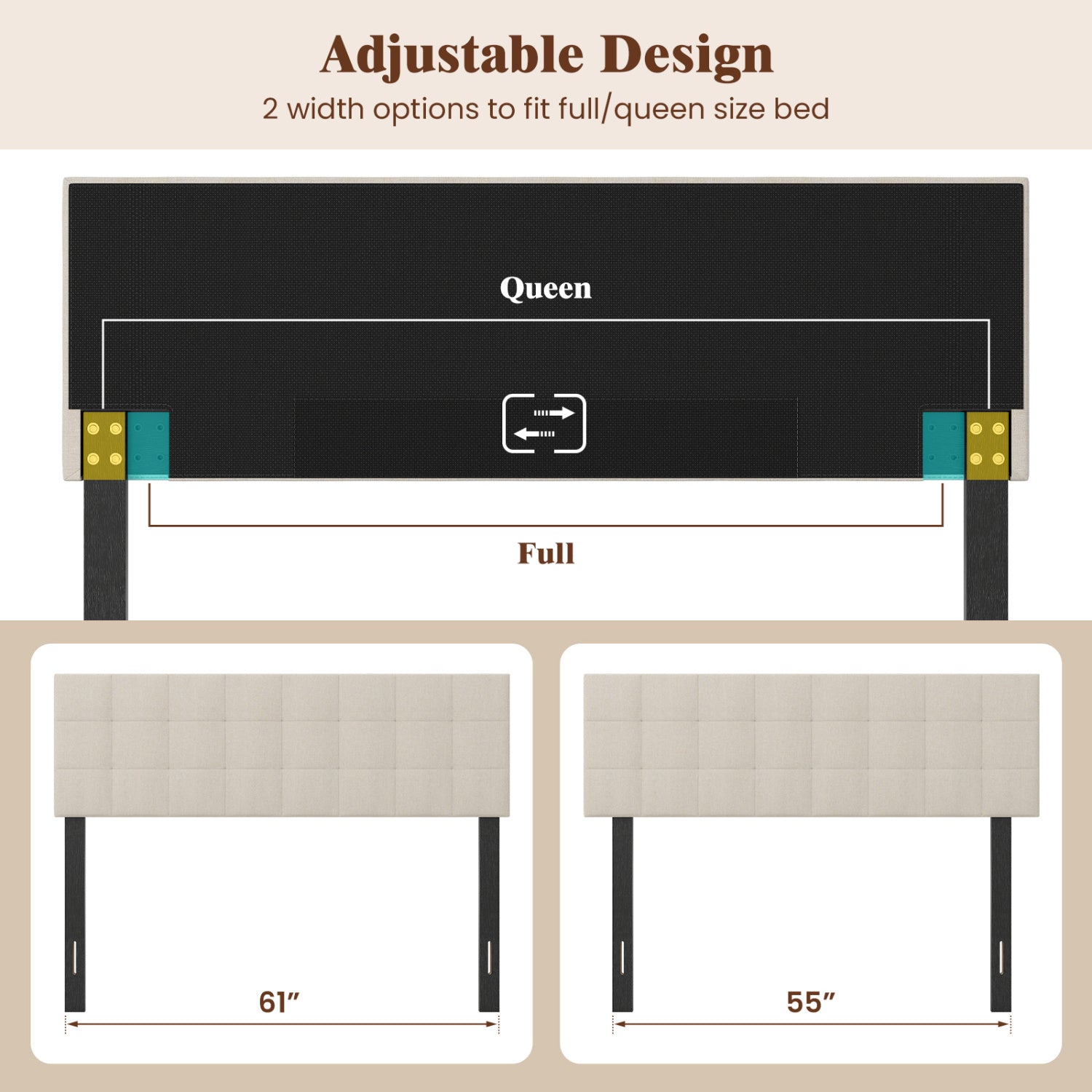 Upholstered Headboard Queen/Full Size with Adjustable Legs
