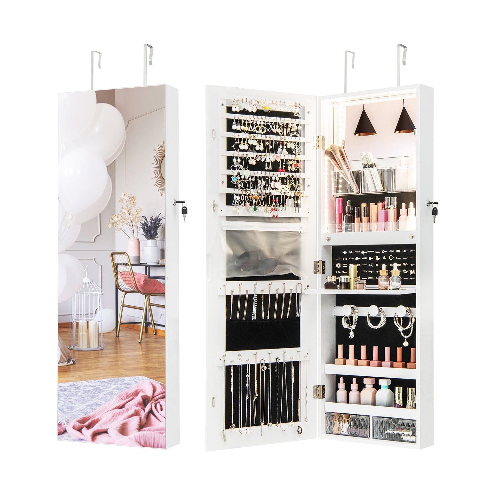 Wall Mounted Jewelry Cabinet with Full-Length Mirror