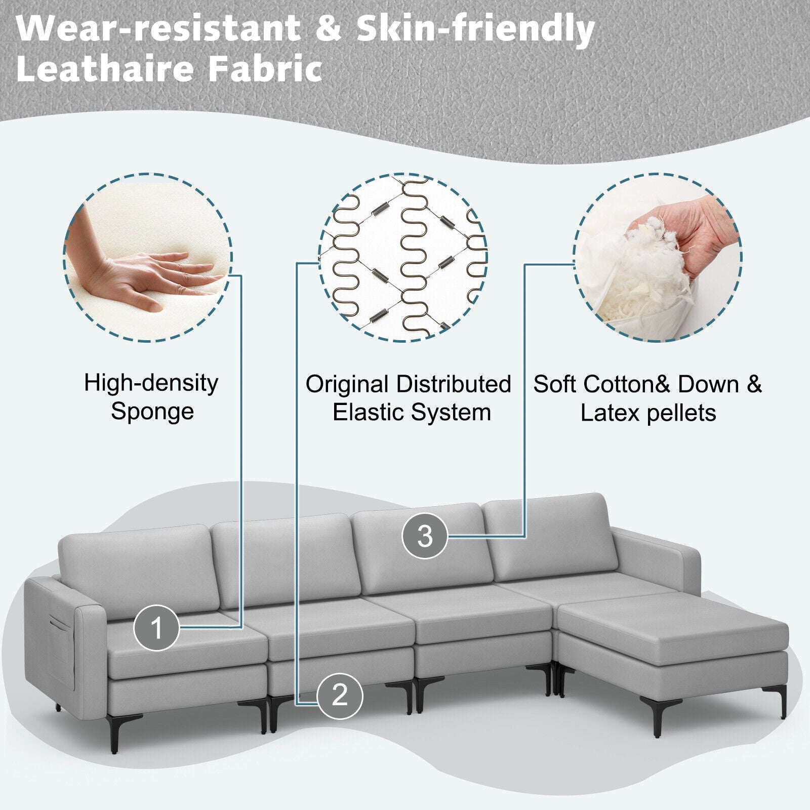 Modular L-shaped Sectional Sofa with Reversible Ottoman and 2 USB Ports