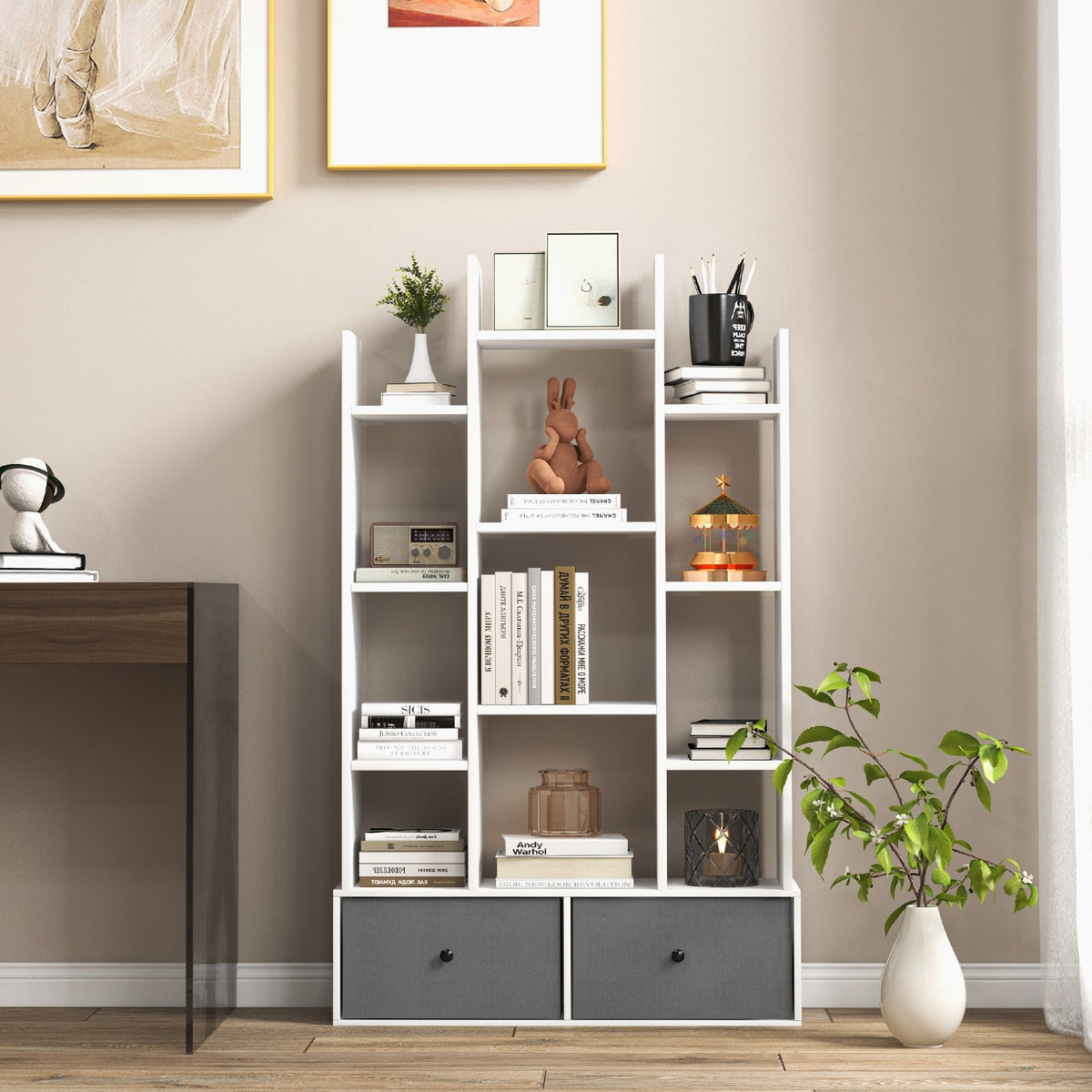 12-Tier Open-Back Freestanding Bookshelf with Drawer