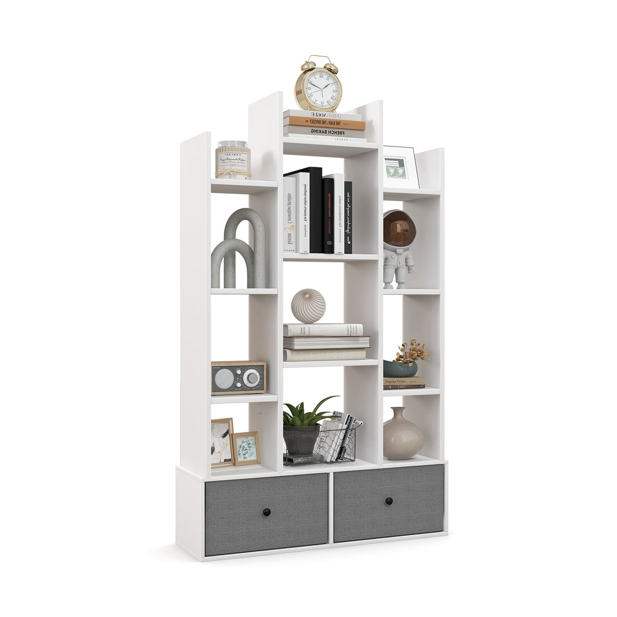 12-Tier Open-Back Freestanding Bookshelf with Drawer