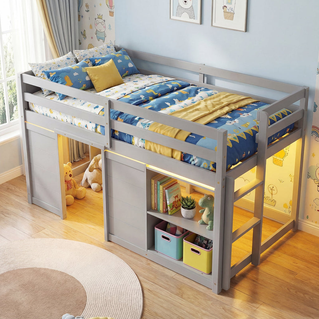 Wooden Low Kids Loft Bed with LED Lights and 2 Doors