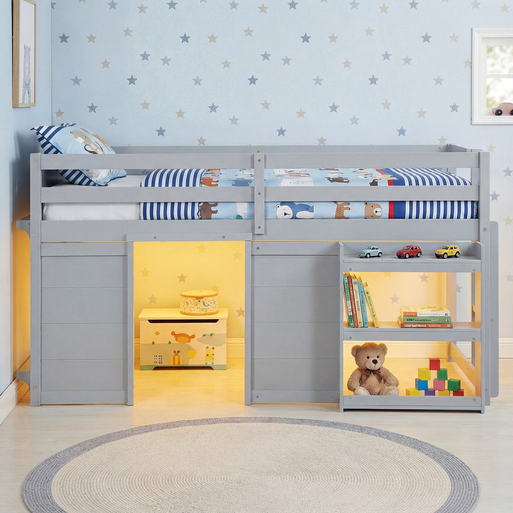 Wooden Low Kids Loft Bed with LED Lights and 2 Doors