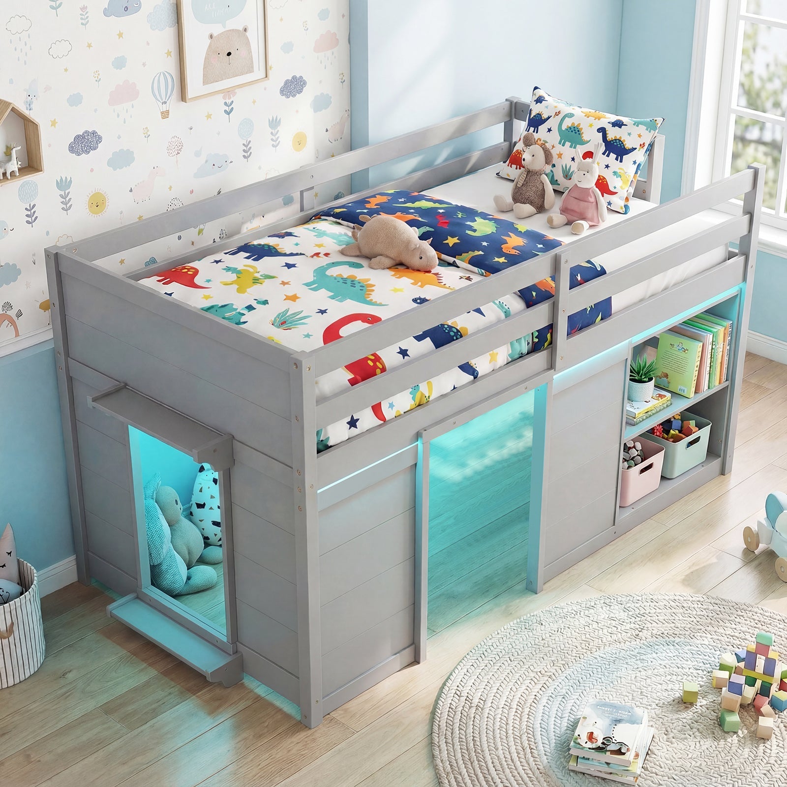 Wooden Low Kids Loft Bed with LED Lights and 2 Doors