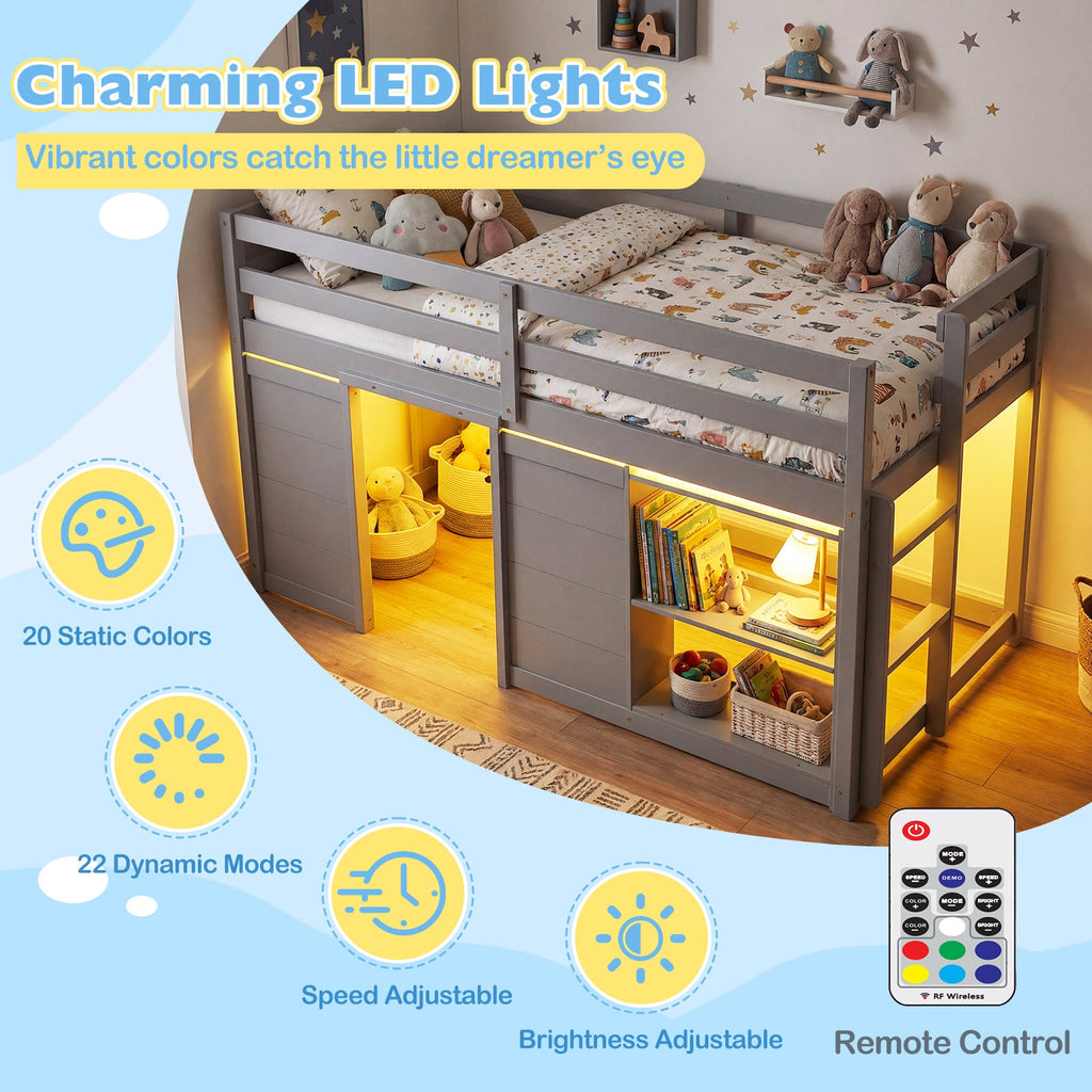 Wooden Low Kids Loft Bed with LED Lights and 2 Doors