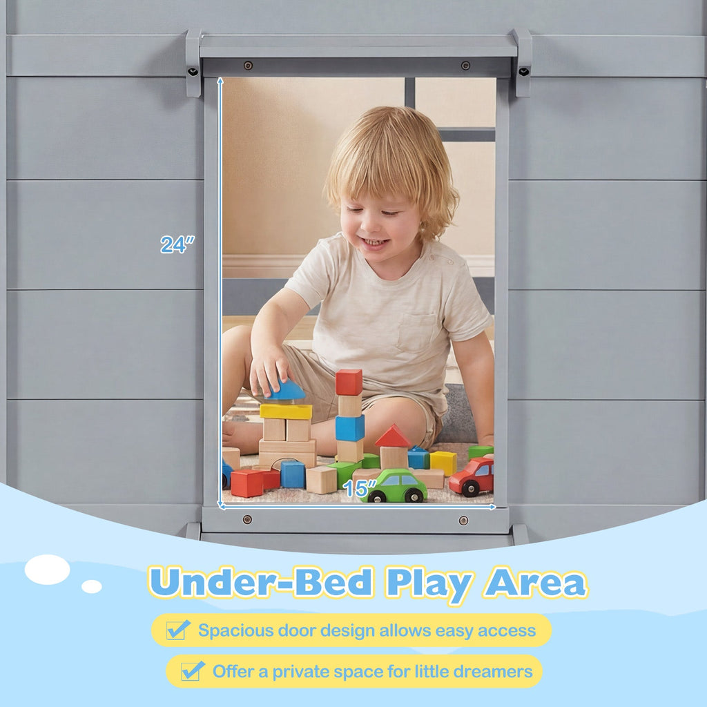 Wooden Low Kids Loft Bed with LED Lights and 2 Doors