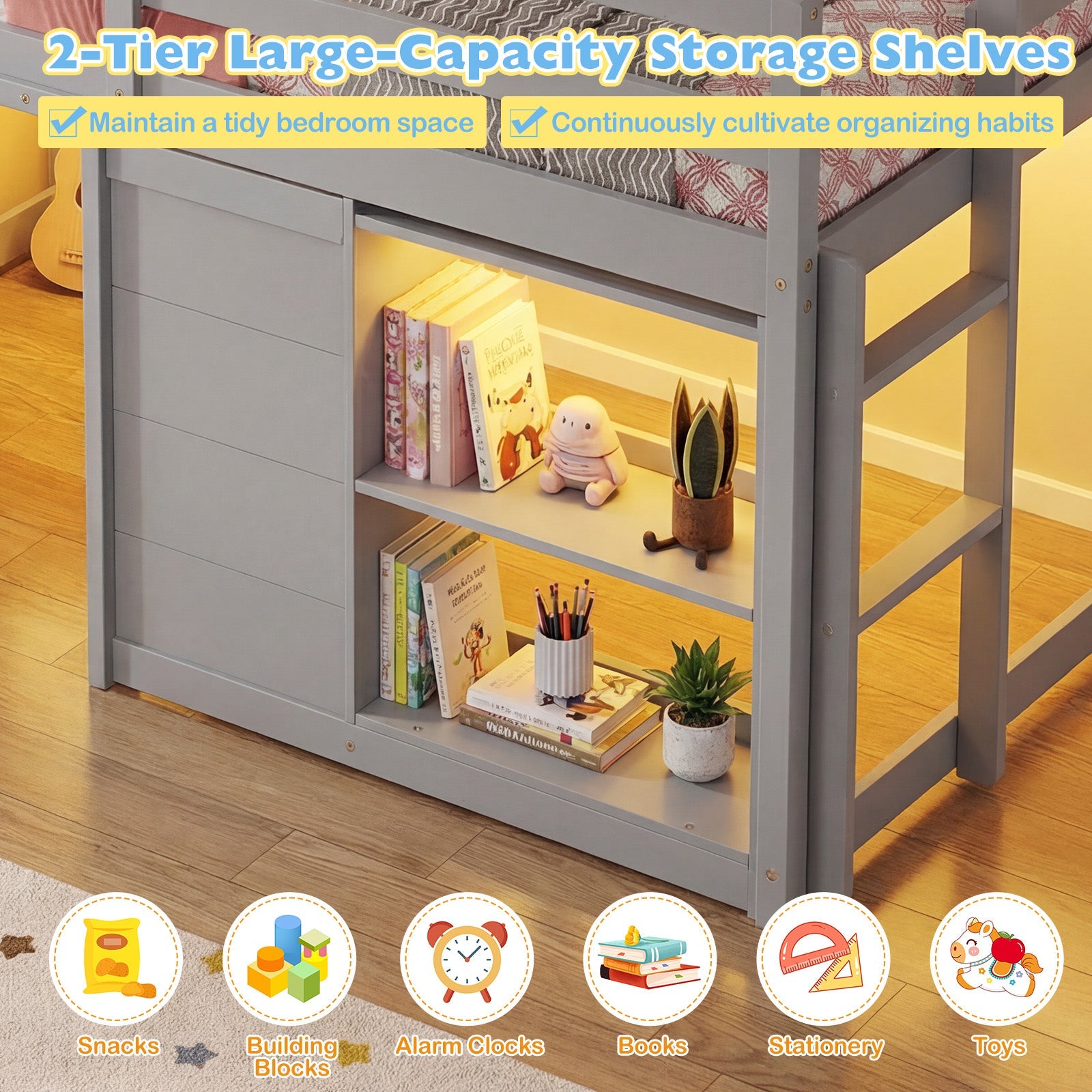 Wooden Low Kids Loft Bed with LED Lights and 2 Doors