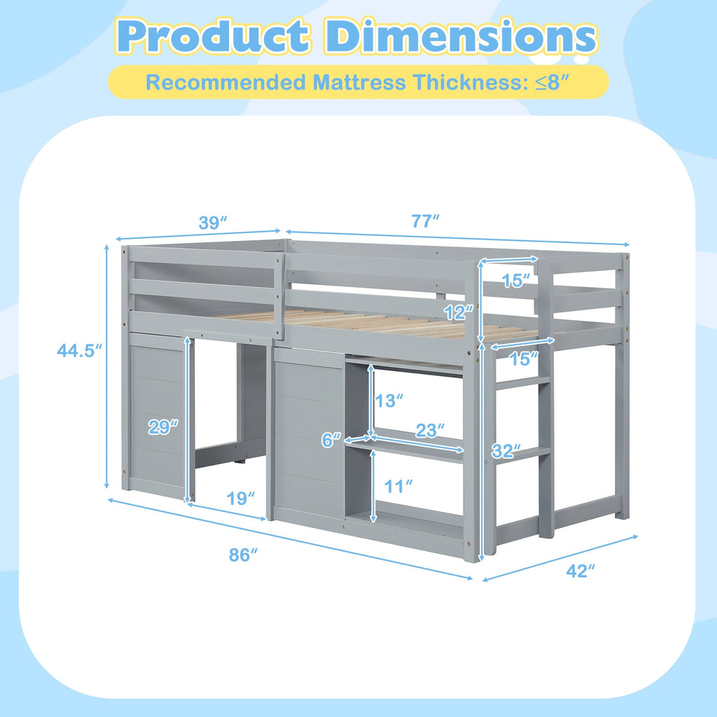 Wooden Low Kids Loft Bed with LED Lights and 2 Doors