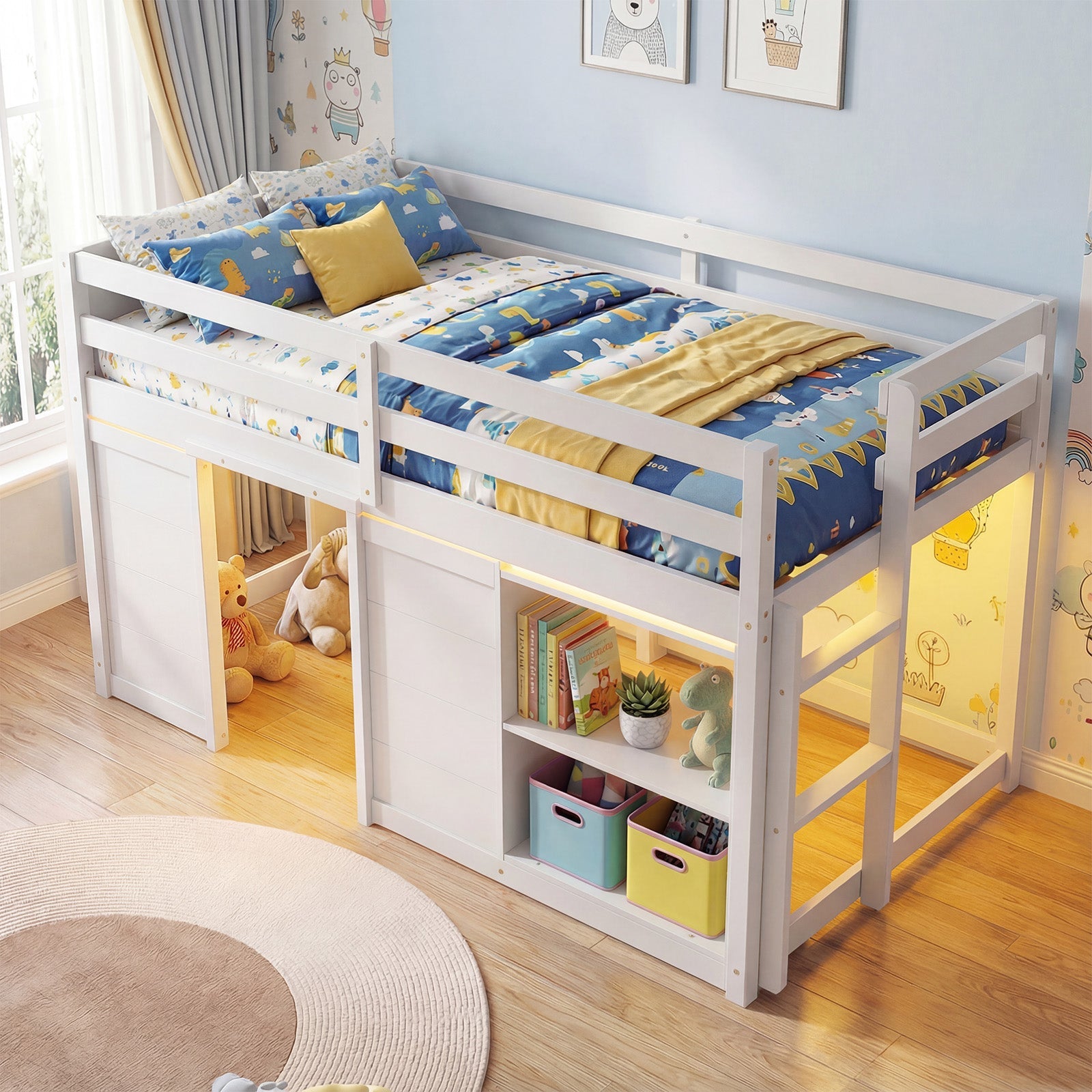 Wooden Low Kids Loft Bed with LED Lights and 2 Doors