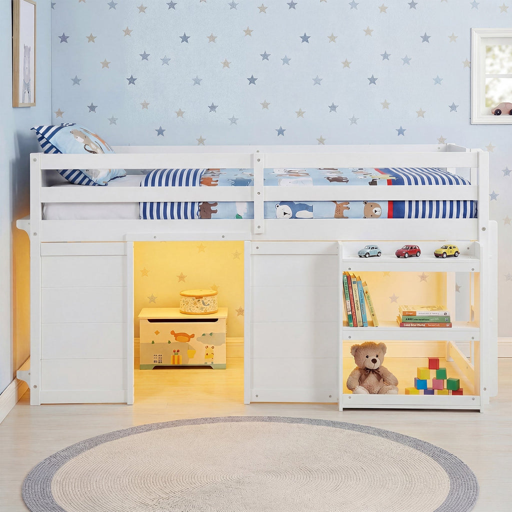 Wooden Low Kids Loft Bed with LED Lights and 2 Doors