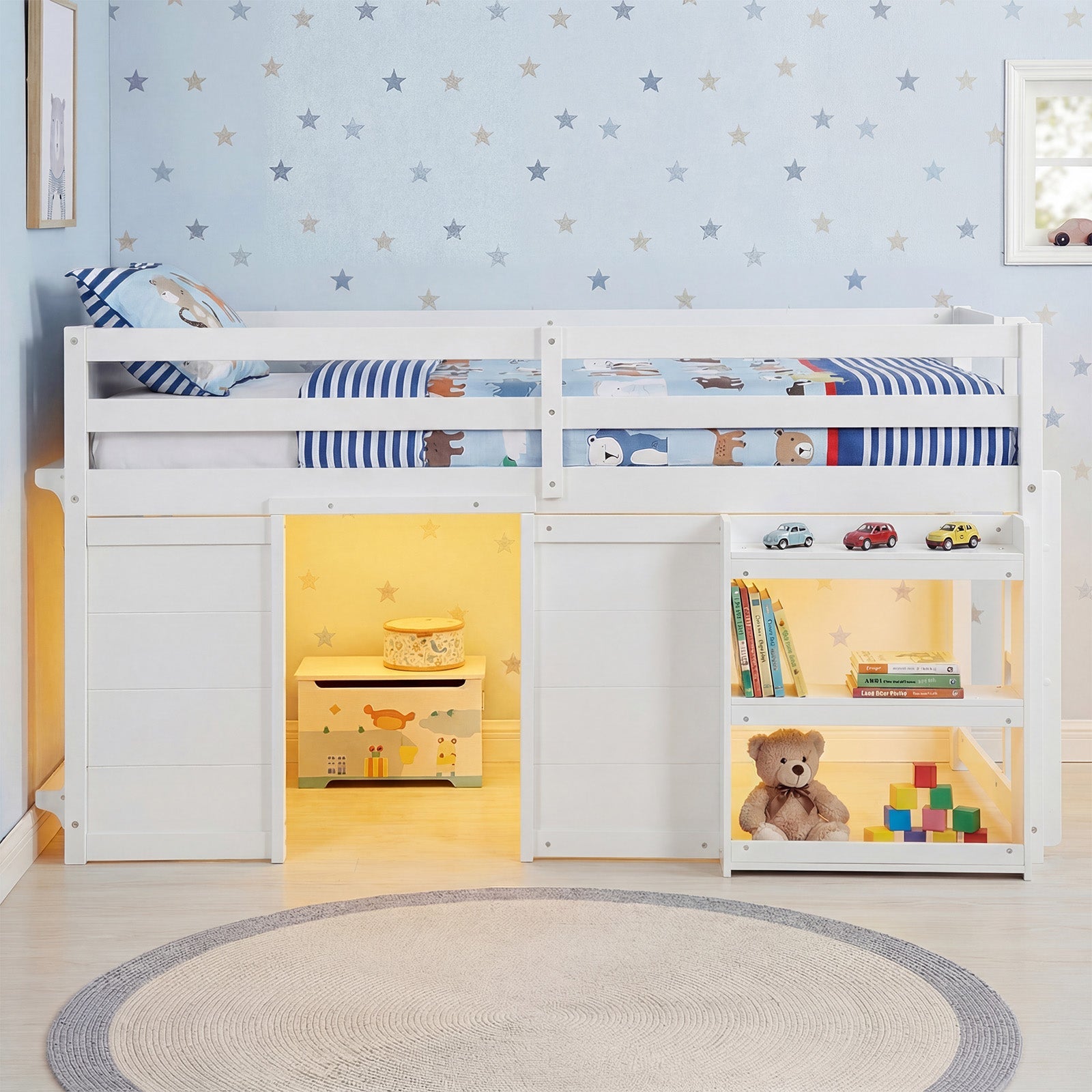 Wooden Low Kids Loft Bed with LED Lights and 2 Doors