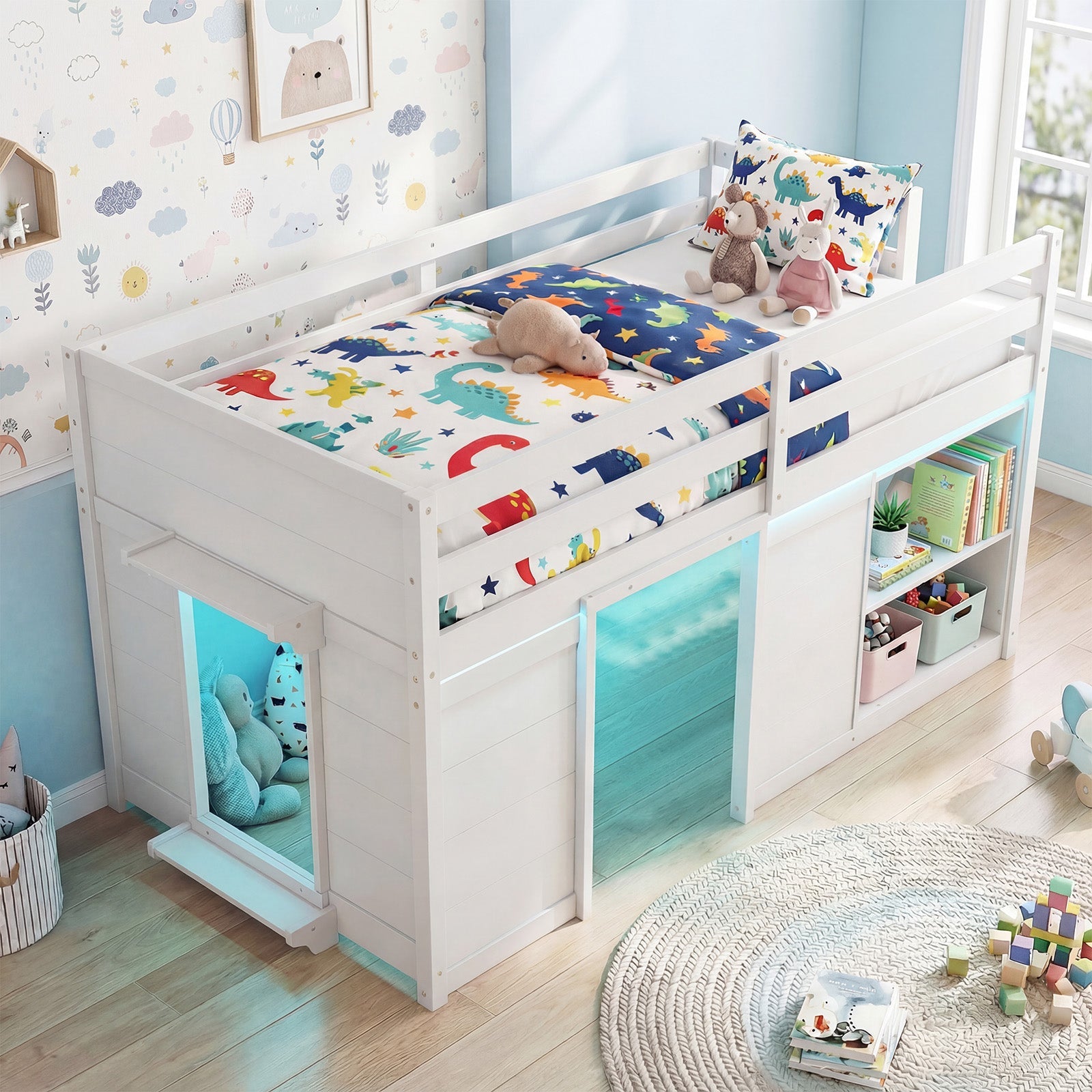 Wooden Low Kids Loft Bed with LED Lights and 2 Doors