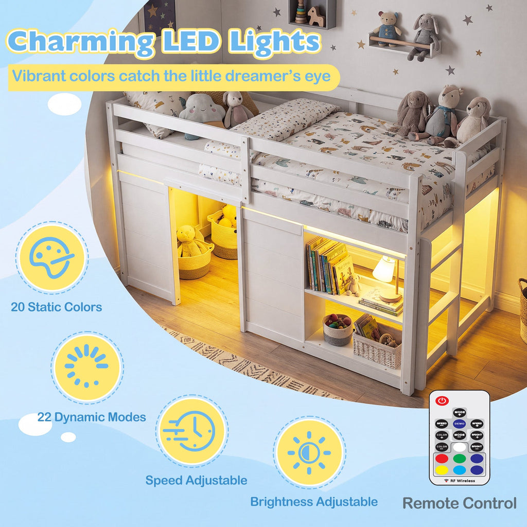 Wooden Low Kids Loft Bed with LED Lights and 2 Doors