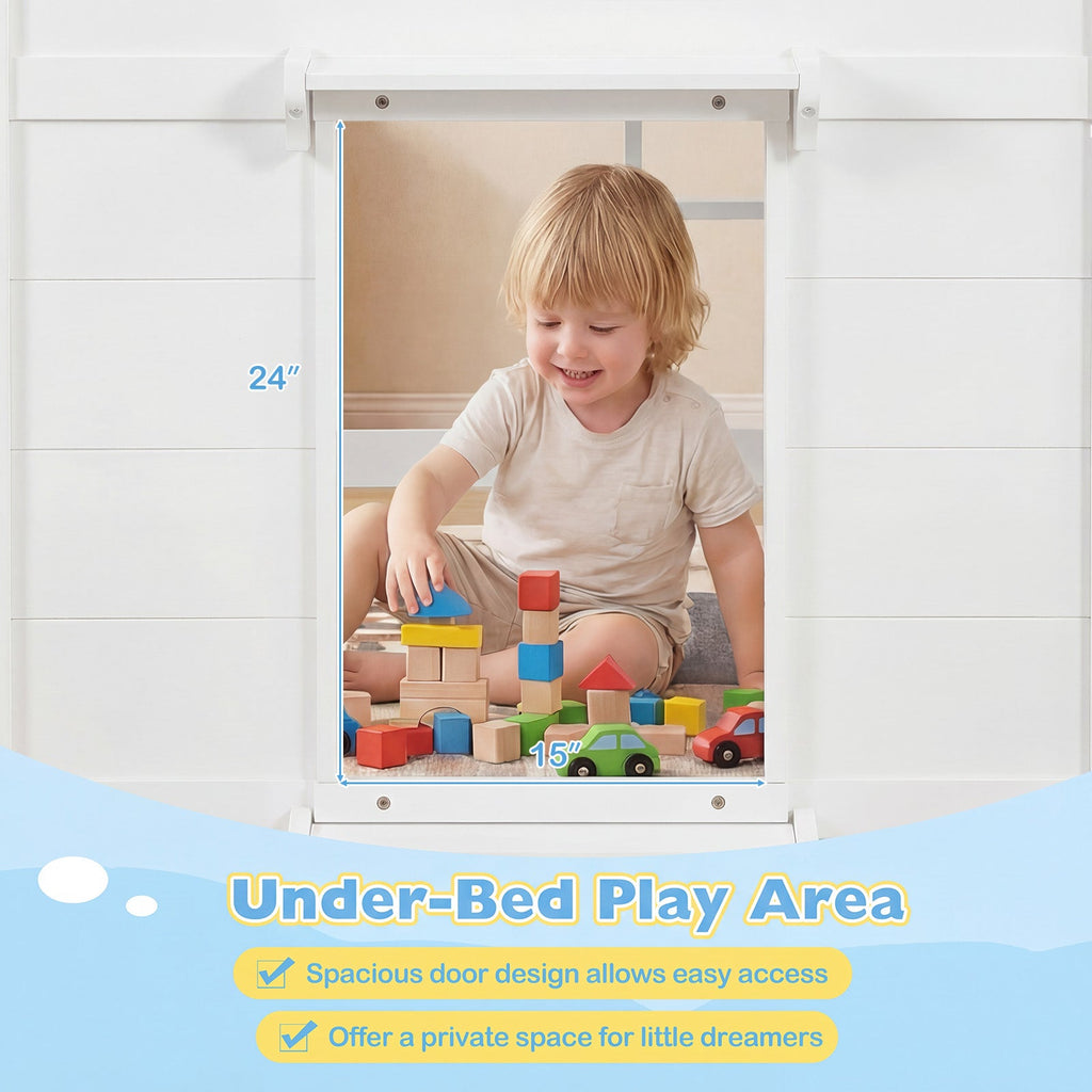 Wooden Low Kids Loft Bed with LED Lights and 2 Doors
