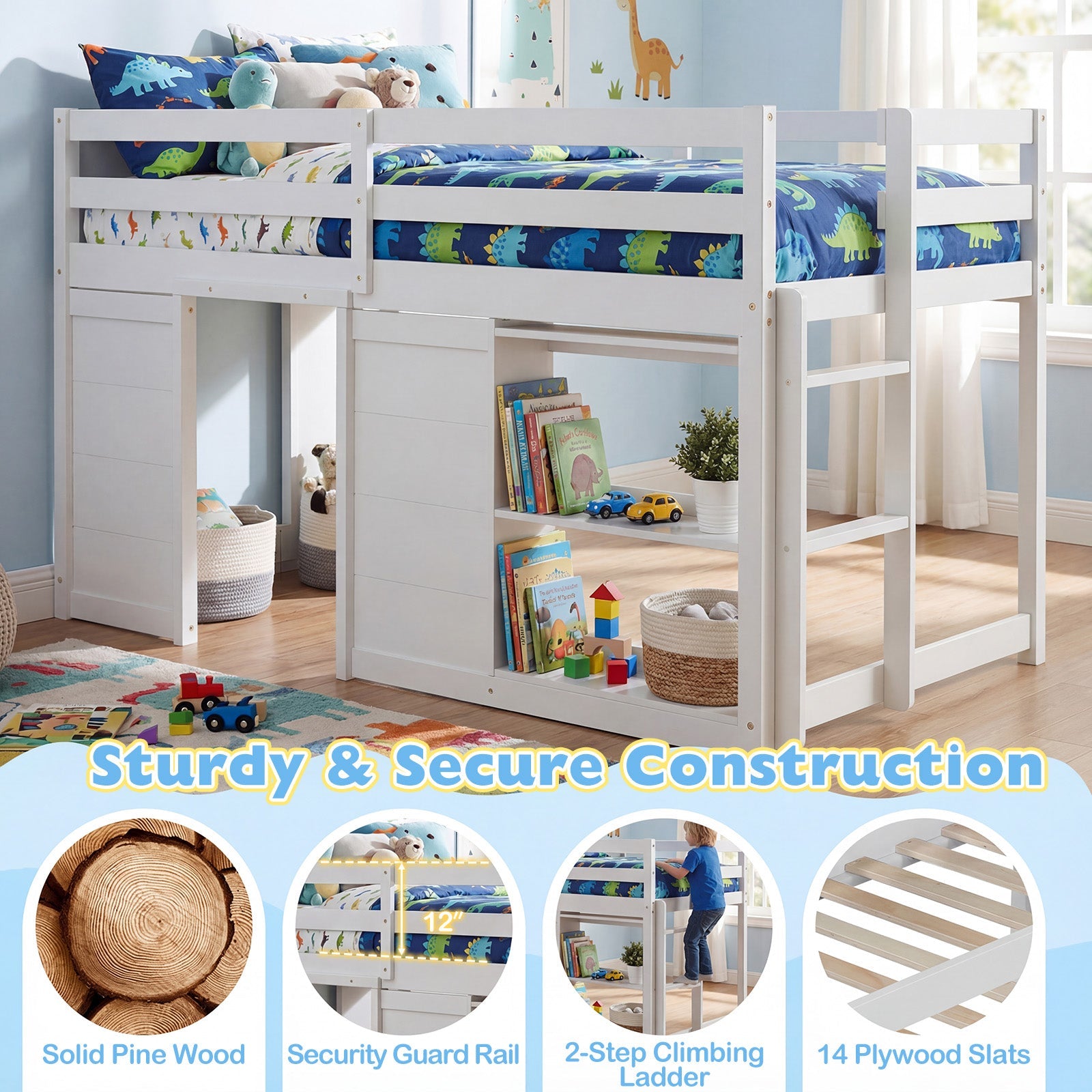 Wooden Low Kids Loft Bed with LED Lights and 2 Doors