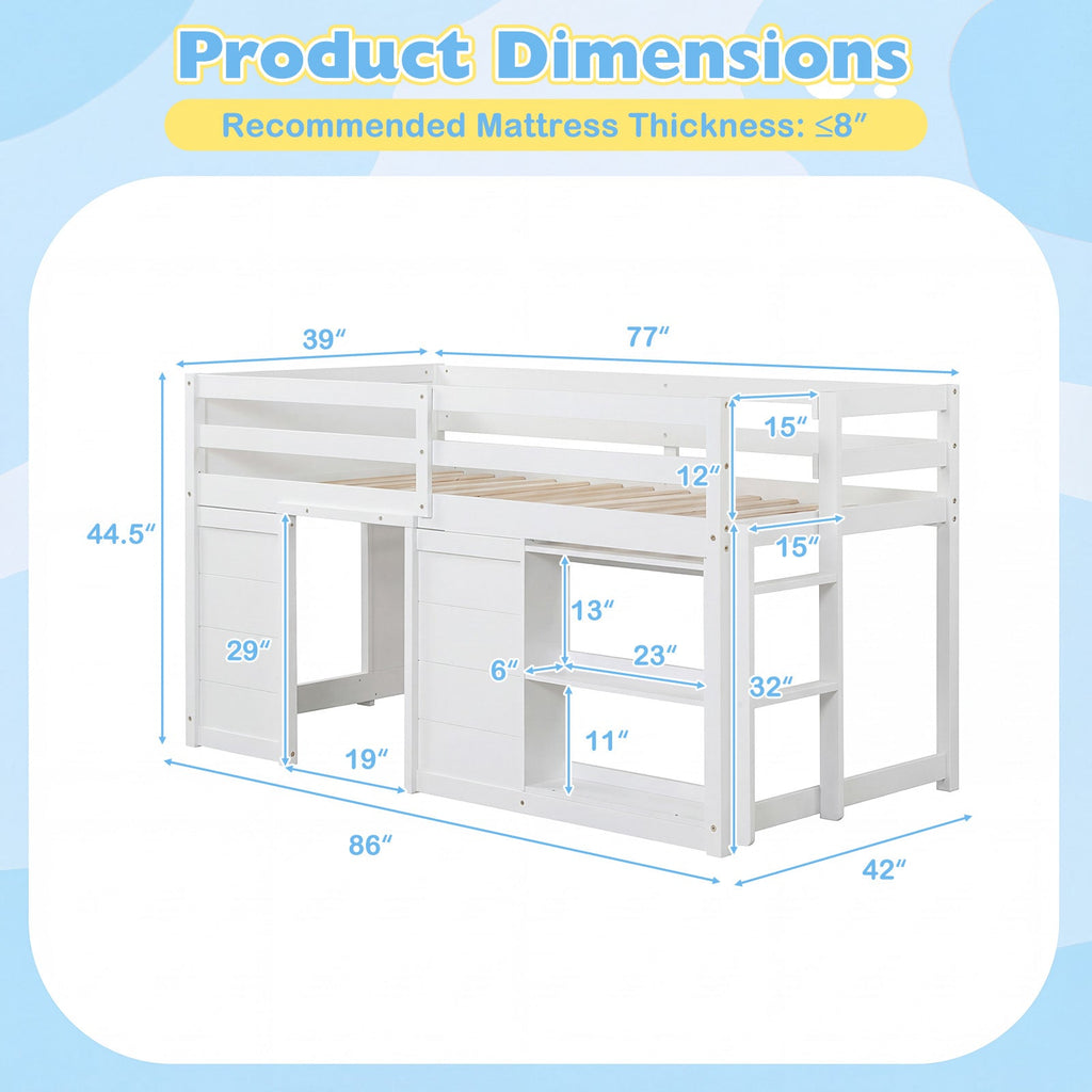 Wooden Low Kids Loft Bed with LED Lights and 2 Doors