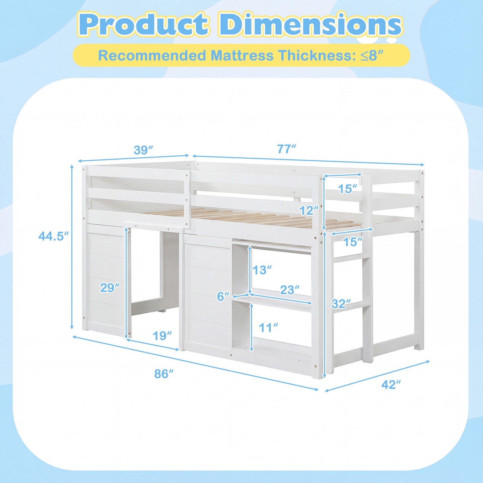 Wooden Low Kids Loft Bed with LED Lights and 2 Doors