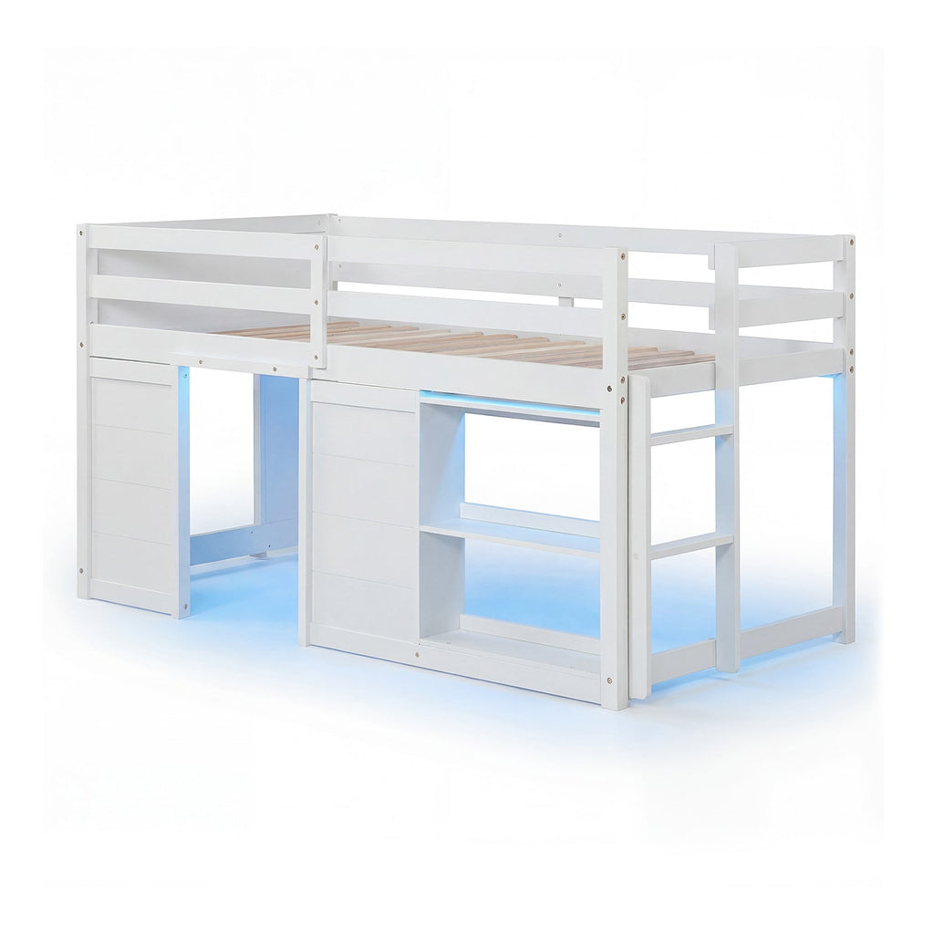Wooden Low Kids Loft Bed with LED Lights and 2 Doors