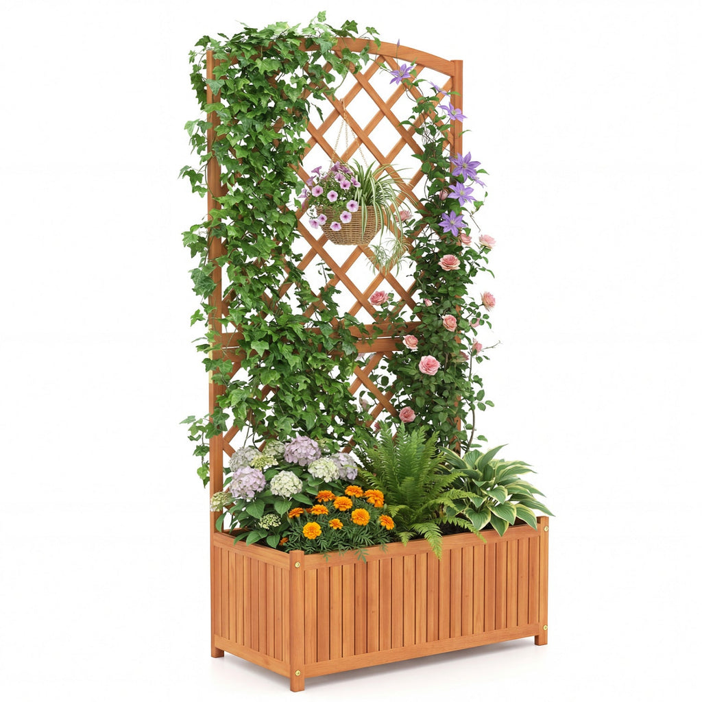 Wooden Raised Garden Bed with Trellis 63 Inch Tall Garden Planter