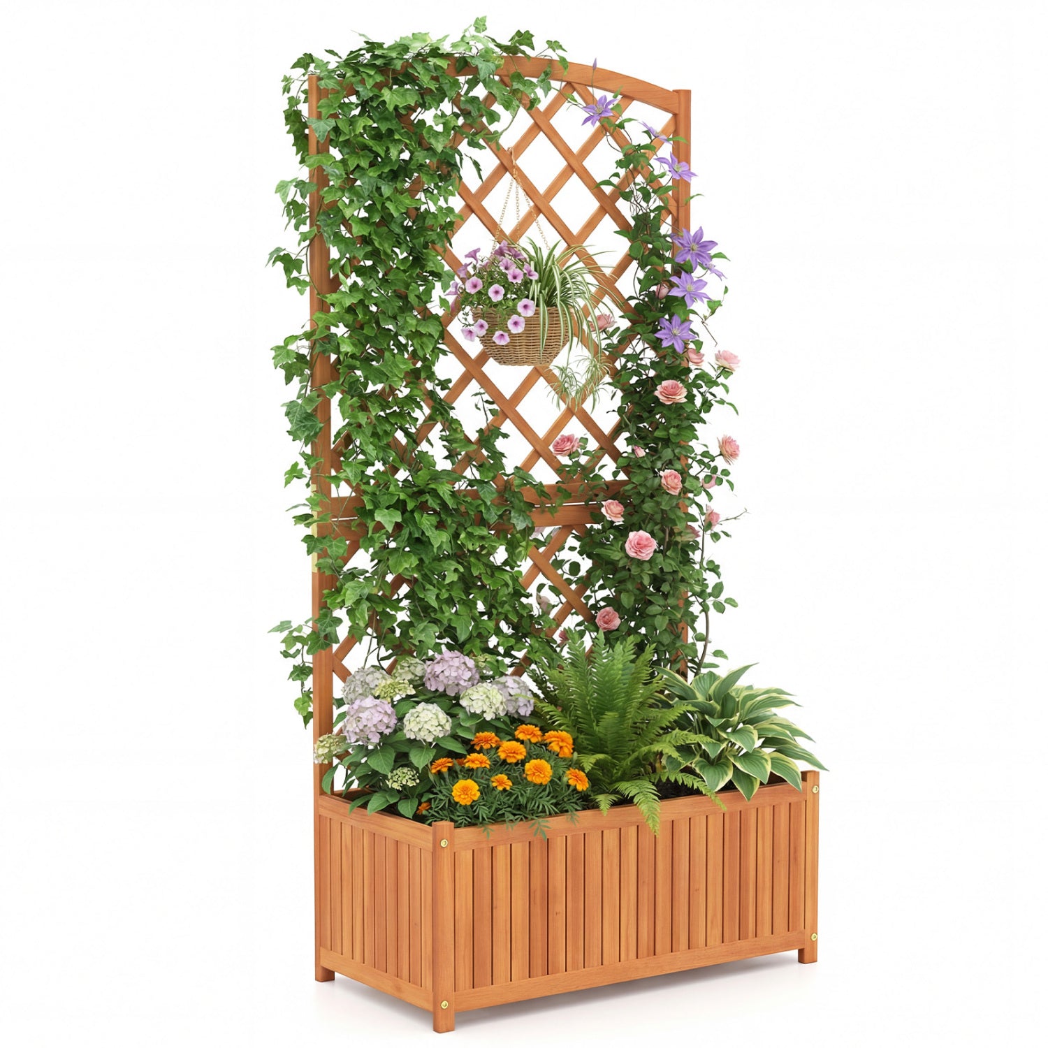 Wooden Raised Garden Bed with Trellis 63 Inch Tall Garden Planter