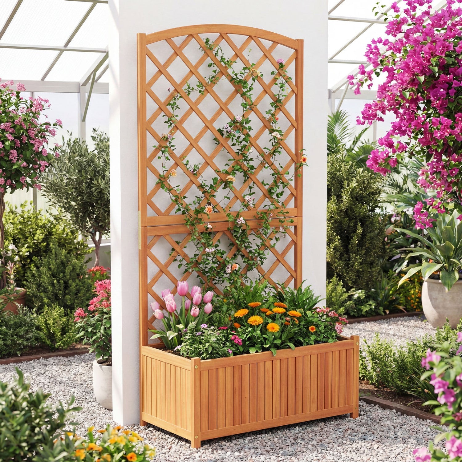 Wooden Raised Garden Bed with Trellis 63 Inch Tall Garden Planter