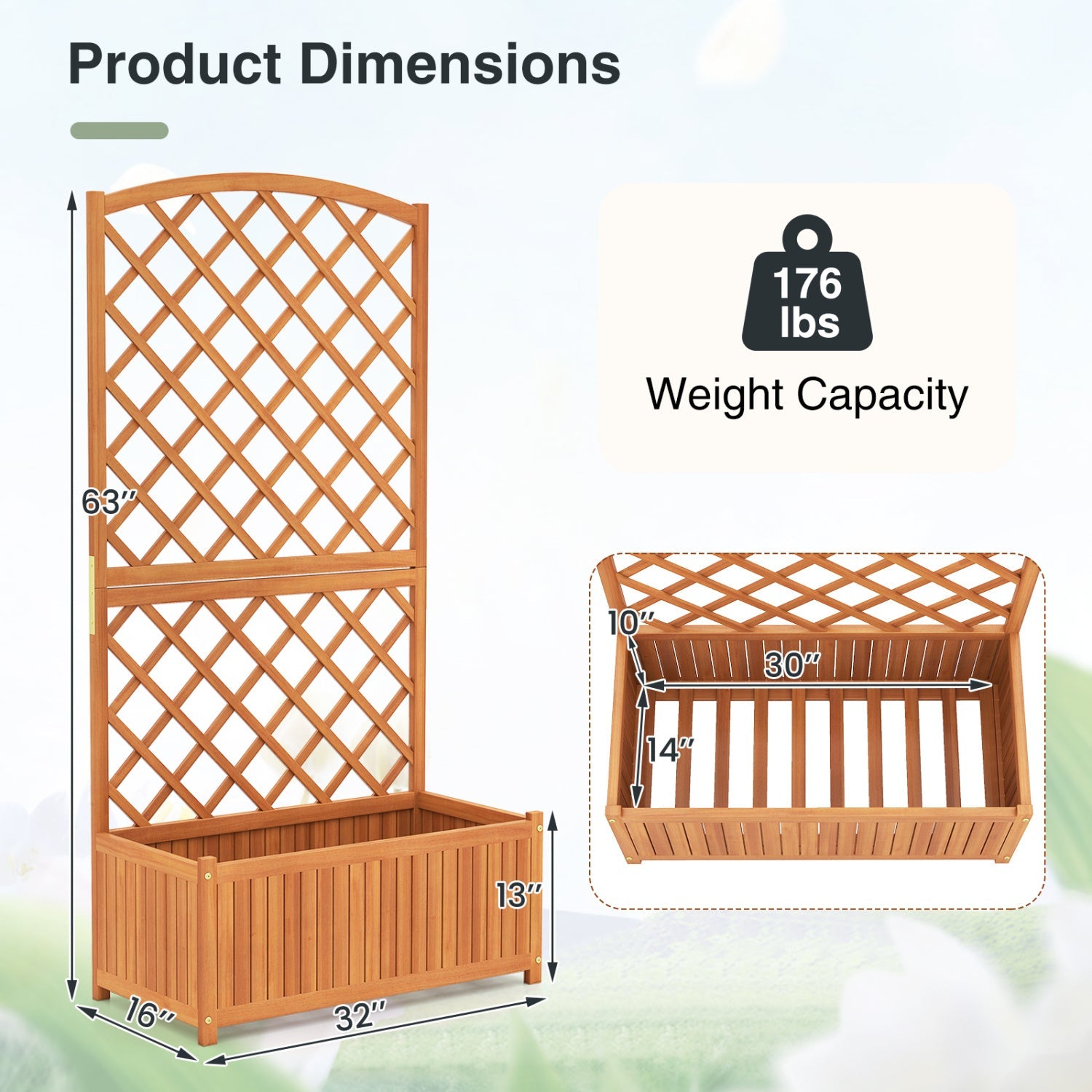 Wooden Raised Garden Bed with Trellis 63 Inch Tall Garden Planter