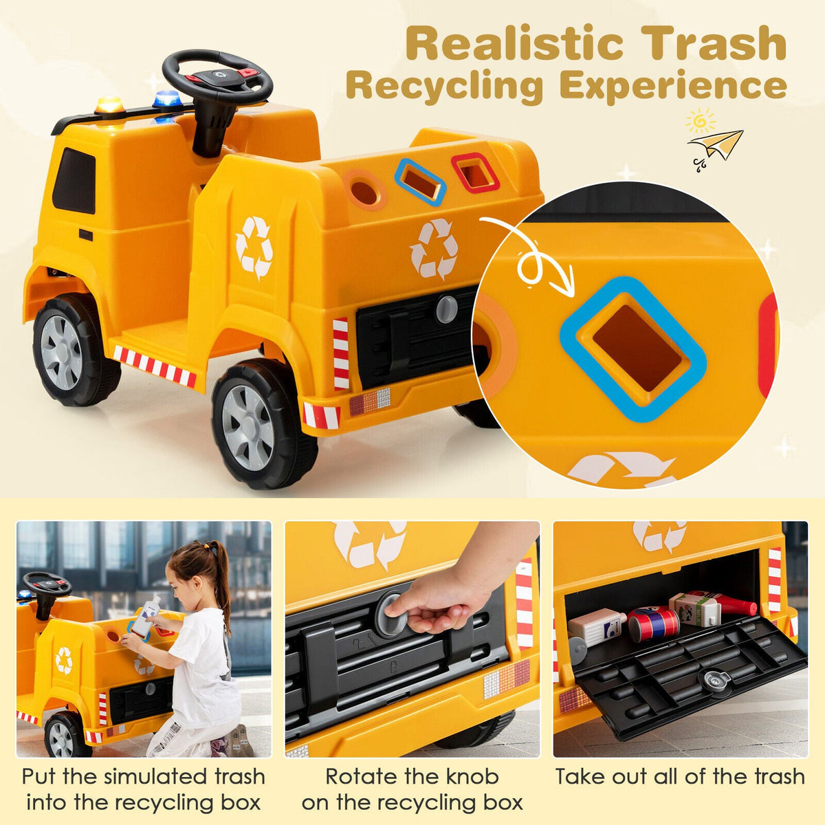 12V Kids Ride-on Garbage Truck with Warning Lights and 6 Recycling Accessories