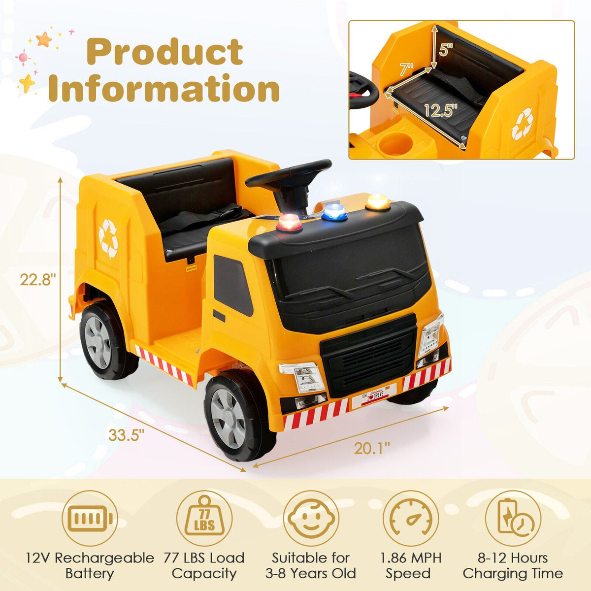 12V Kids Ride-on Garbage Truck with Warning Lights and 6 Recycling Accessories