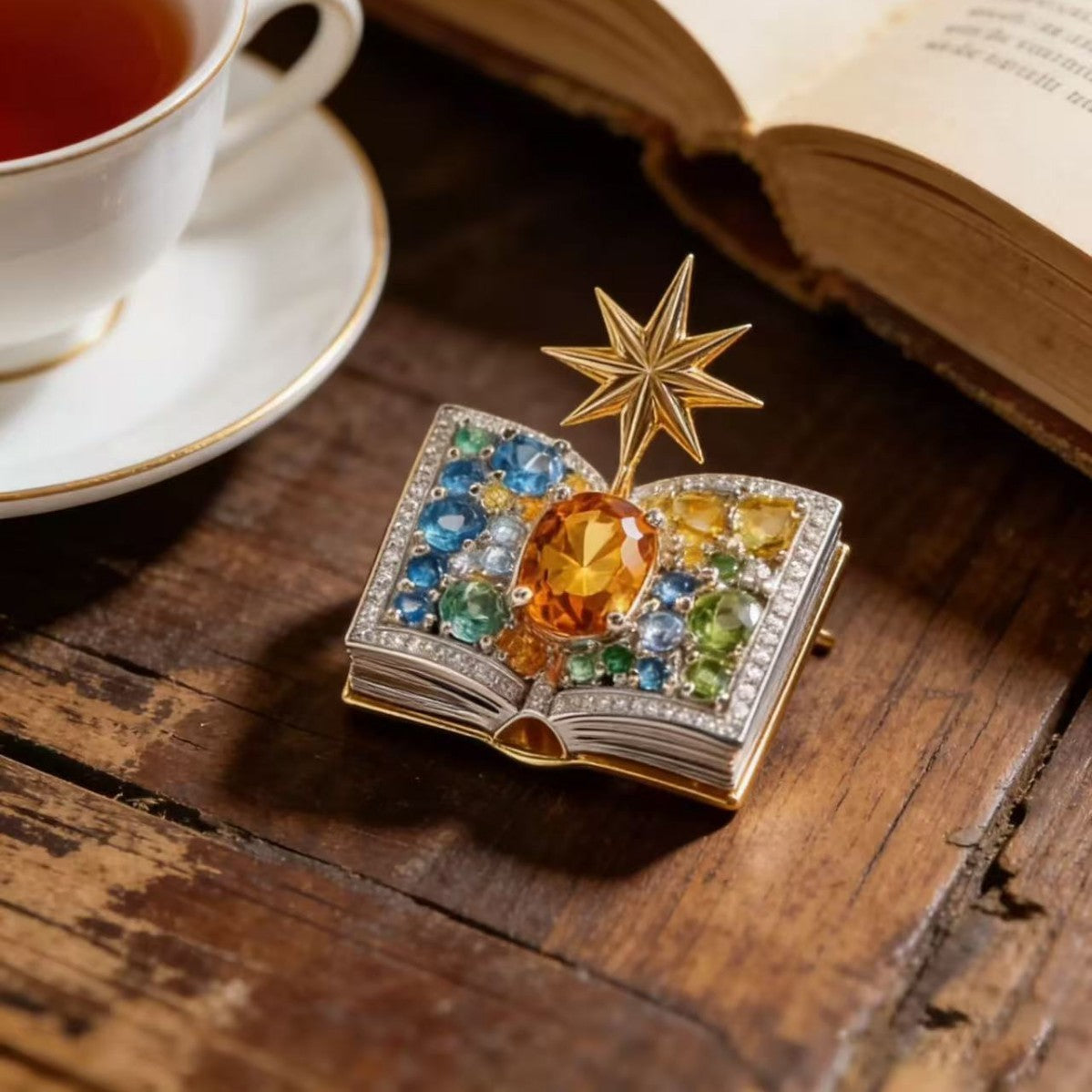 Fashionable Fully Diamond-encrusted Eight-pointed Star Fairy Book Brooch