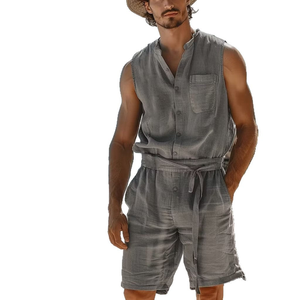 Mens Buttoned One-Piece Nap Vest And Shorts Set