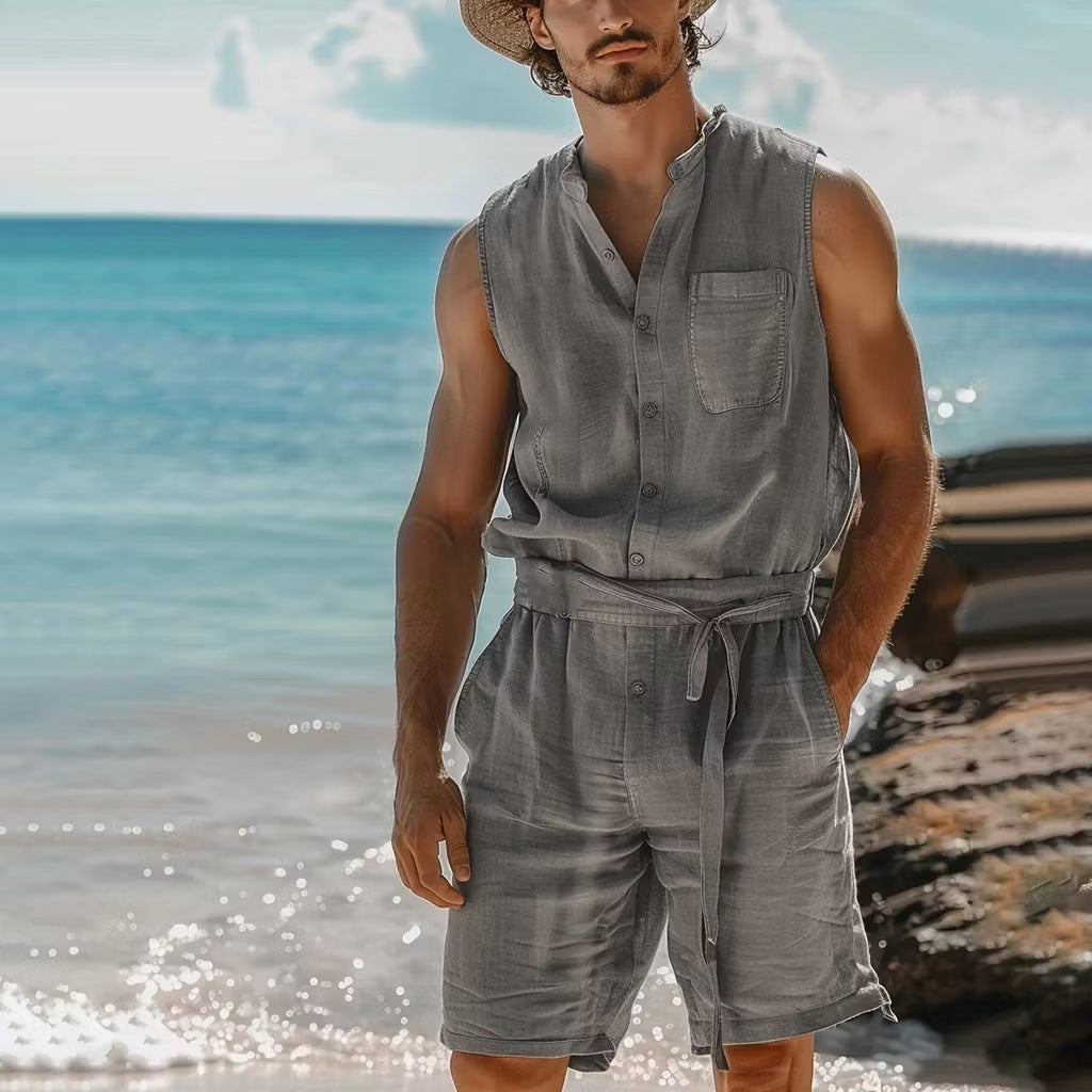 Mens Buttoned One-Piece Nap Vest And Shorts Set