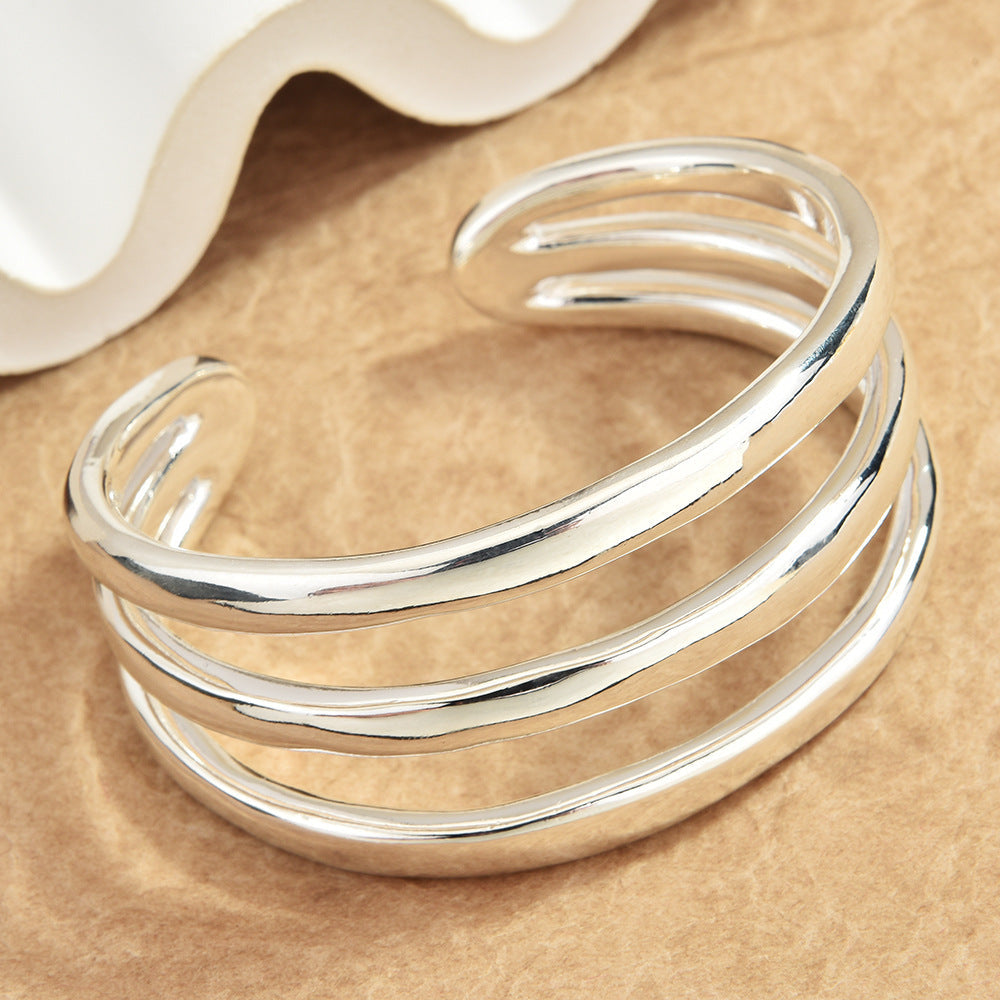 Triple Layer Spiral Open Cuff Bracelet, Polished Silver Minimal Sculptural Bangle, Quiet Luxury European Spanish Women Jewelry