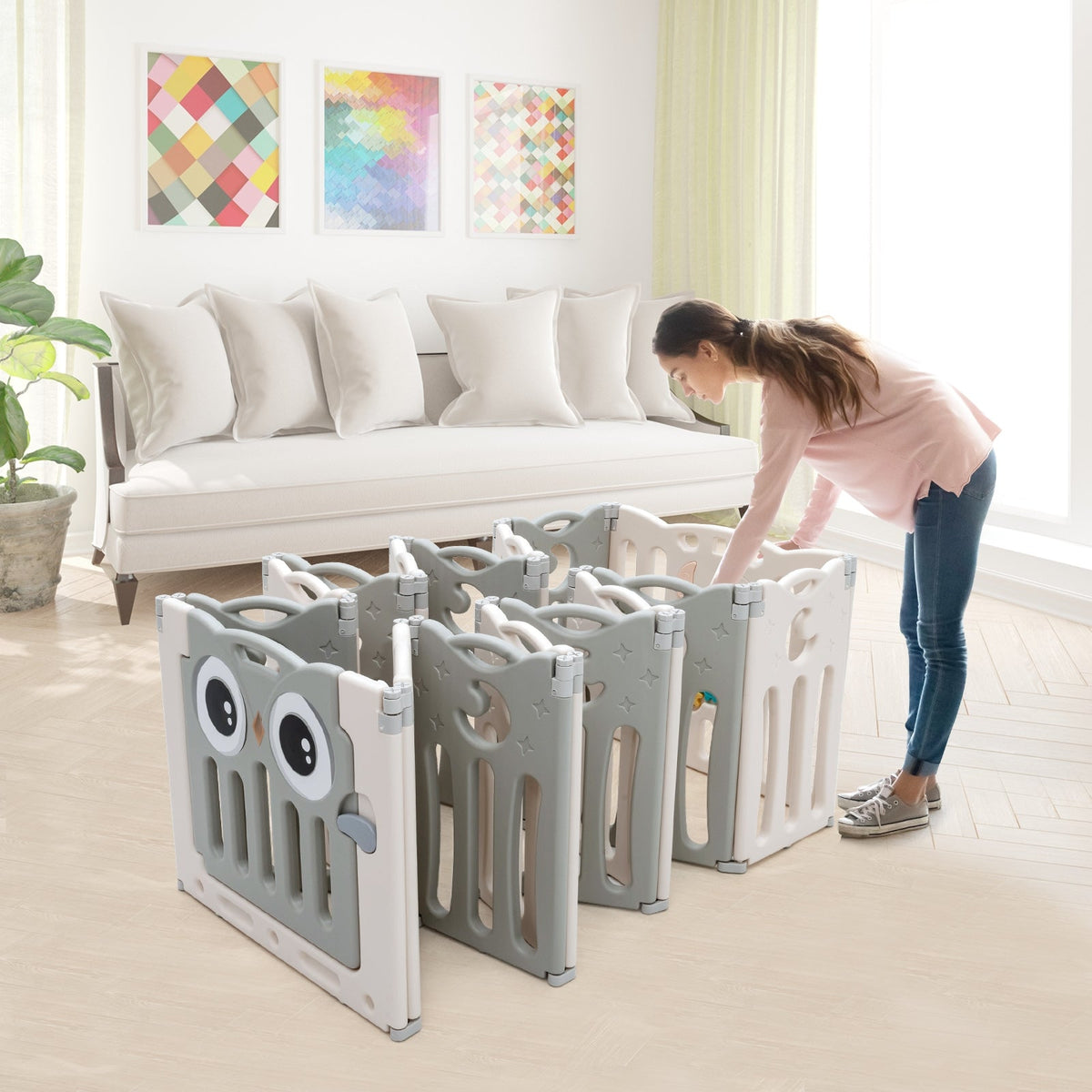 16-Panel Baby Activity Center Play Yard with Lock Door -Beige